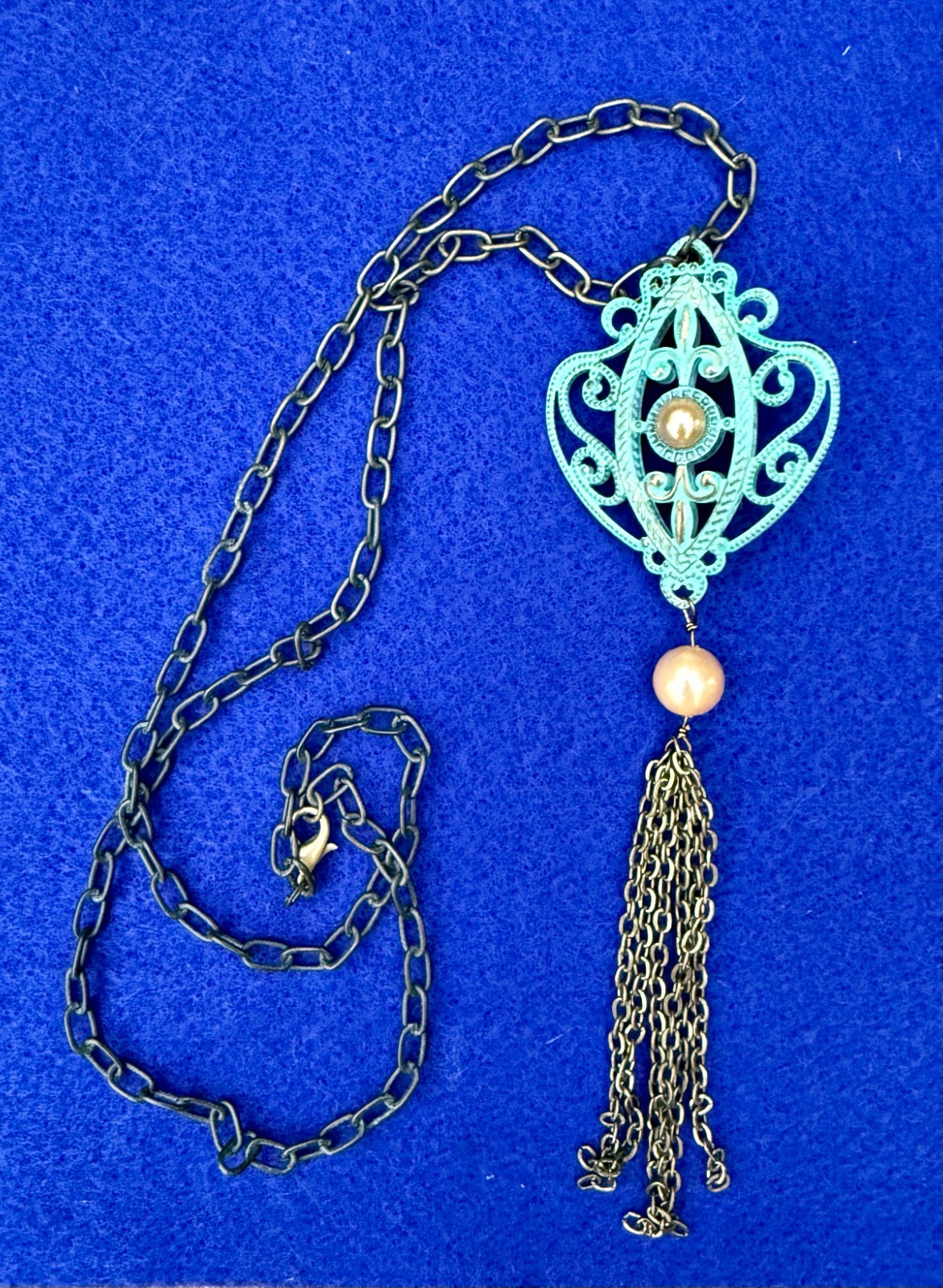 Vintage Patina Metal Filigree Medallion Tassel Necklace Art Nouveau 28″