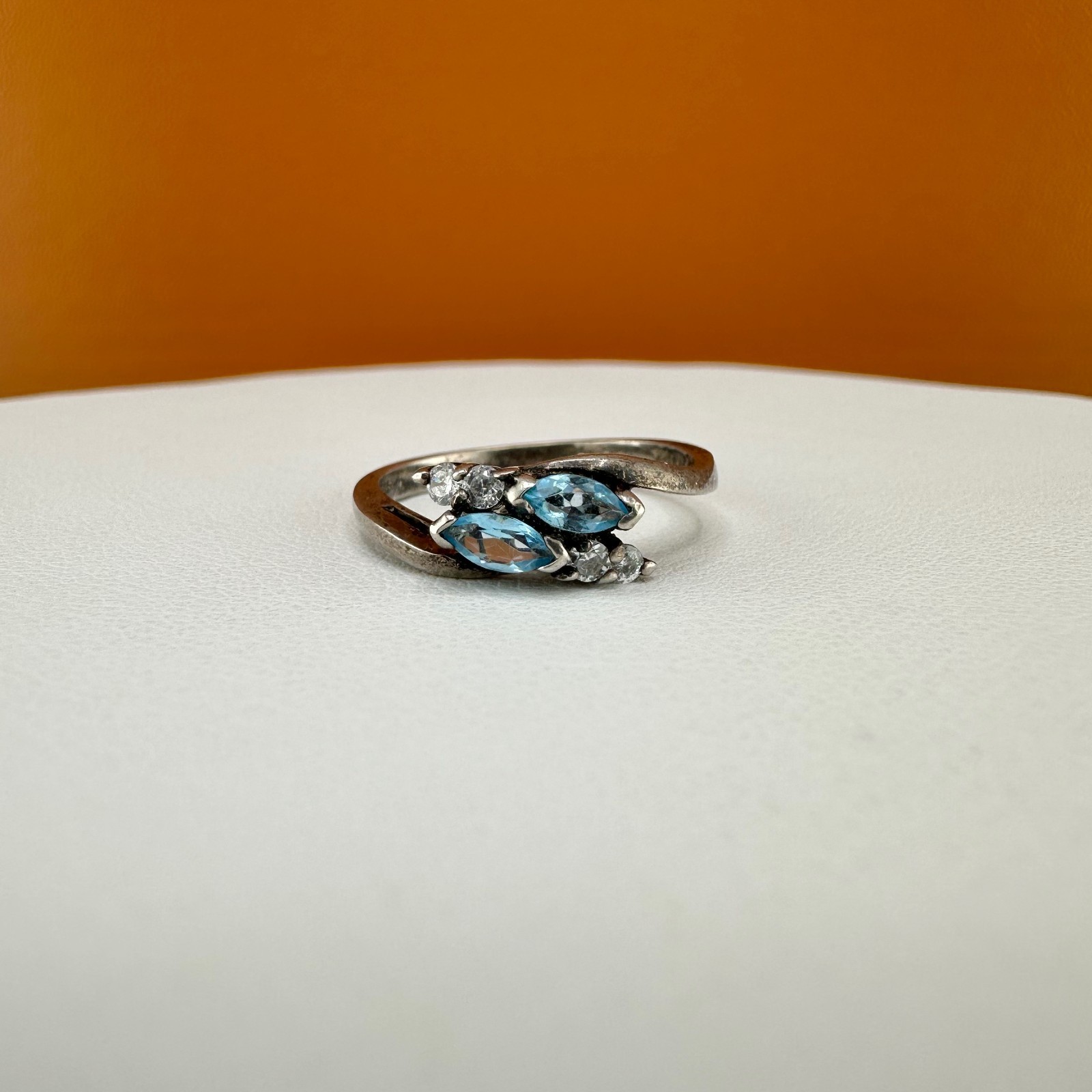 Vintage Sterling Silver Blue Topaz Ring Marquise Cut Dainty Size 6.75 Signed
