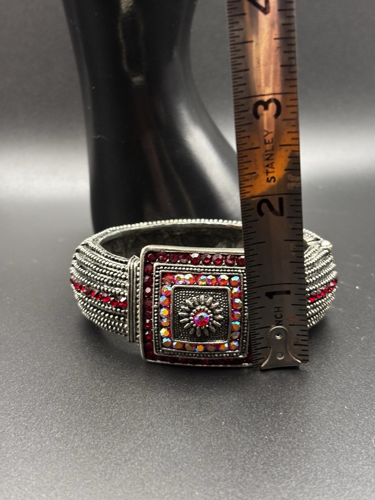 Ruby red and iridescent Aurora Borealis rhinestones Hinged Bracelet