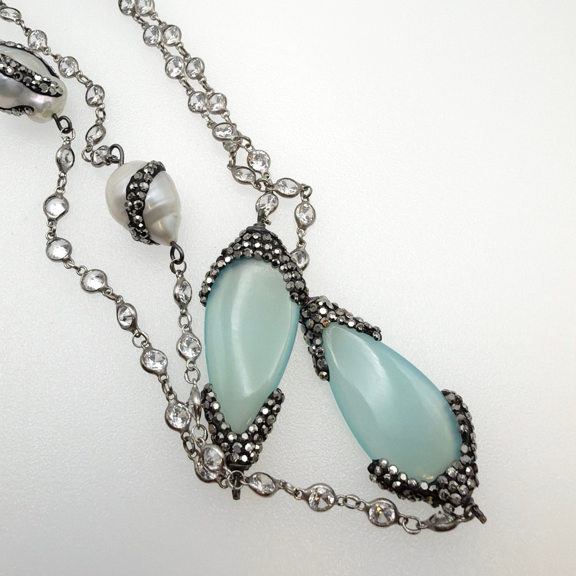 Sterling Silver Necklace Chalcedony Charms and Fresh Water Pearls 40”