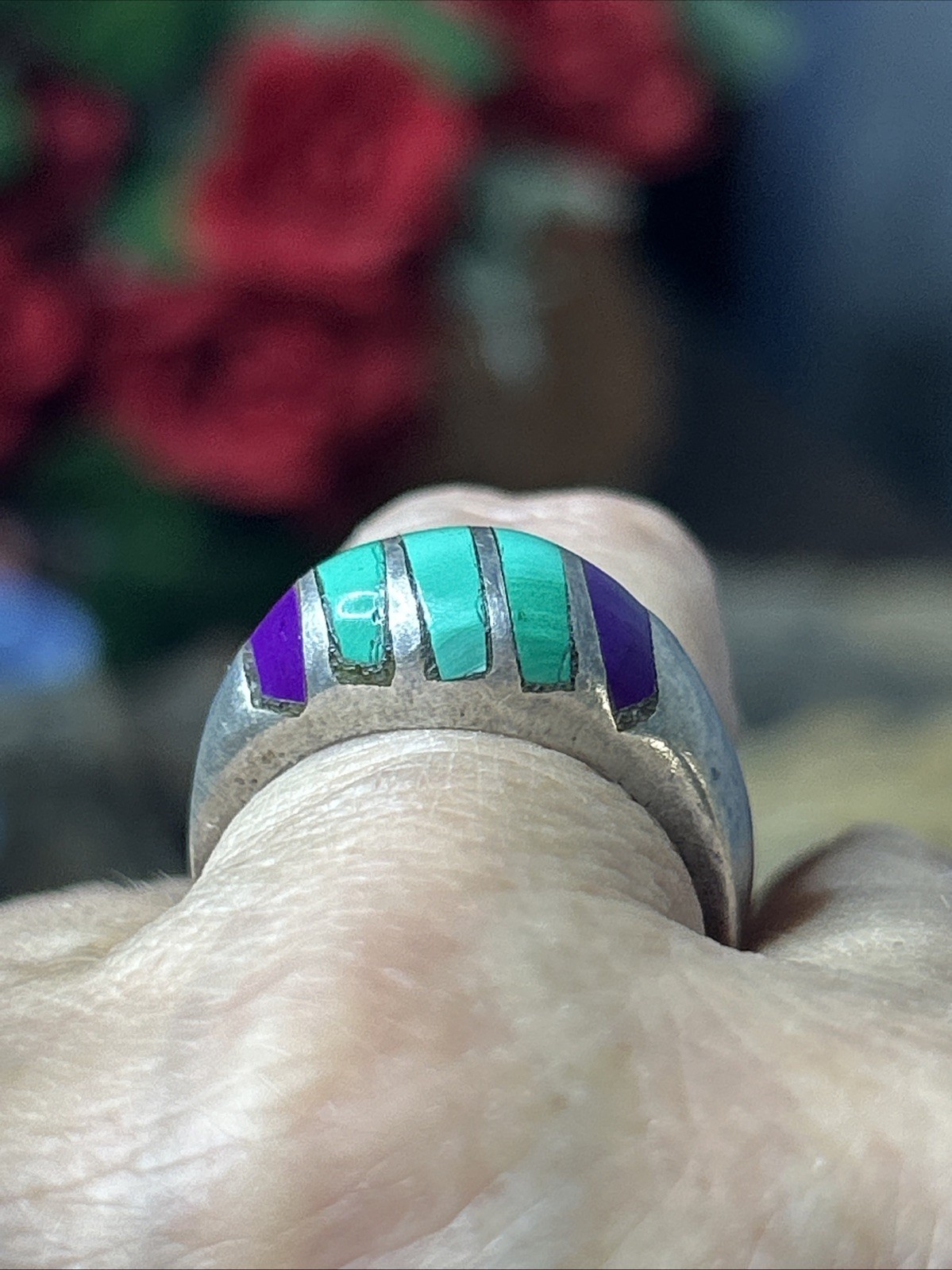 50. Vintage TAXCO Sterling 925 Green Purple Stone Inlay Ring 8.25s, 10.8g, Mex