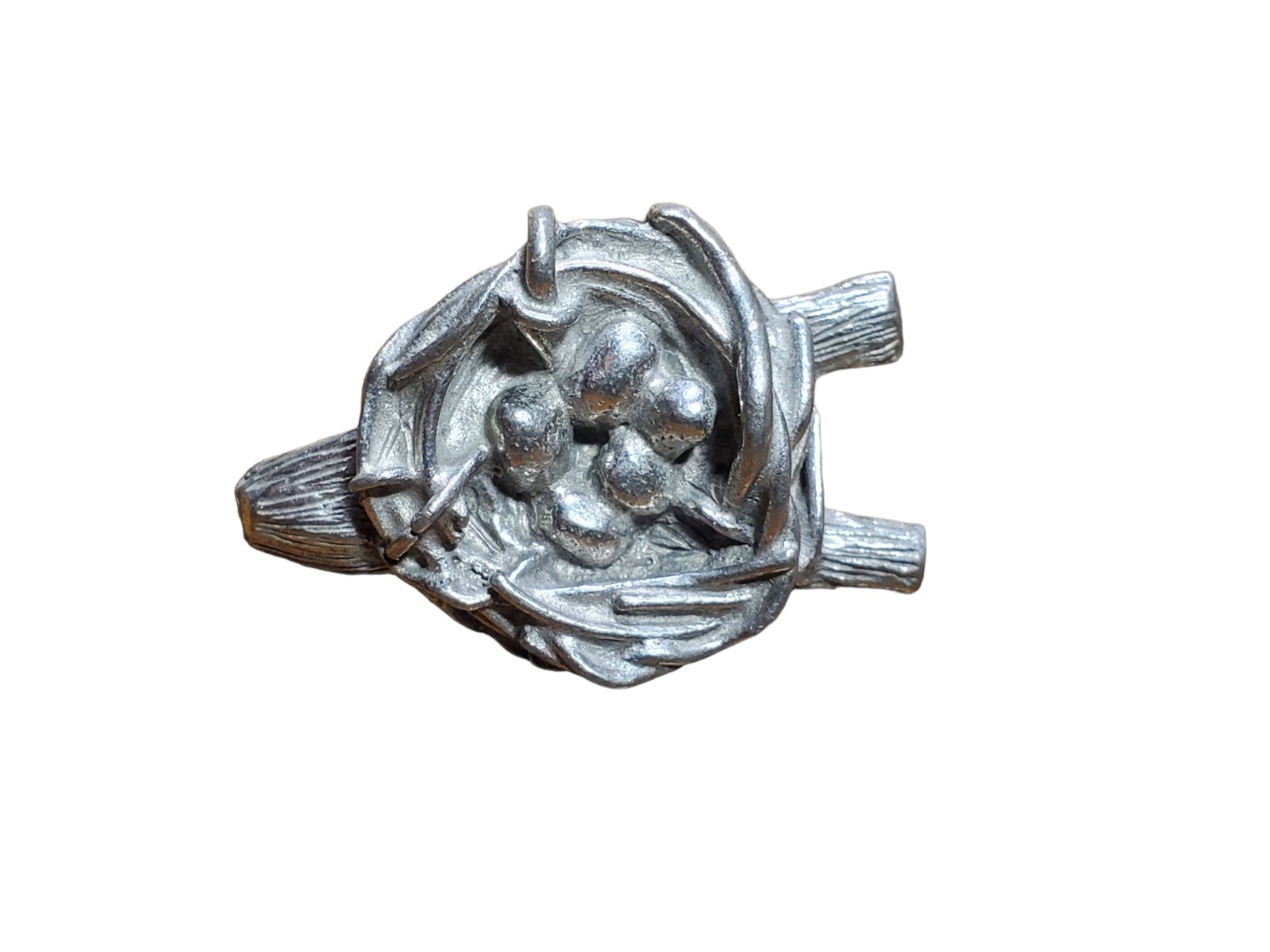 Vintage Pewter Brooch Pin Bird’s Nest Eggs Branch Signed Clift Metal Jewelry
