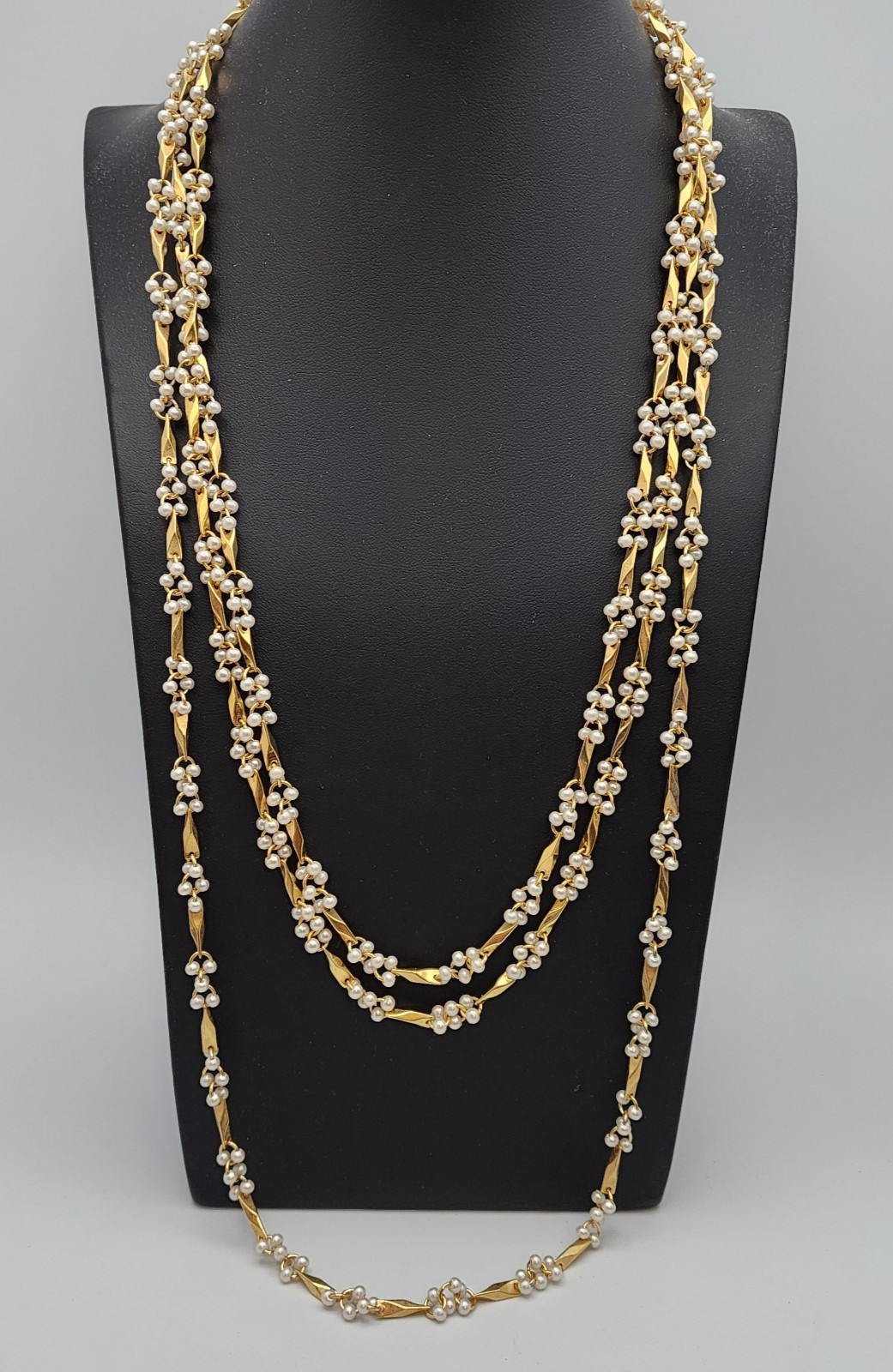 Vtg Pearl Bead Cluster Stations Necklace Twisted Bar Link Gold Tone Dainty 3