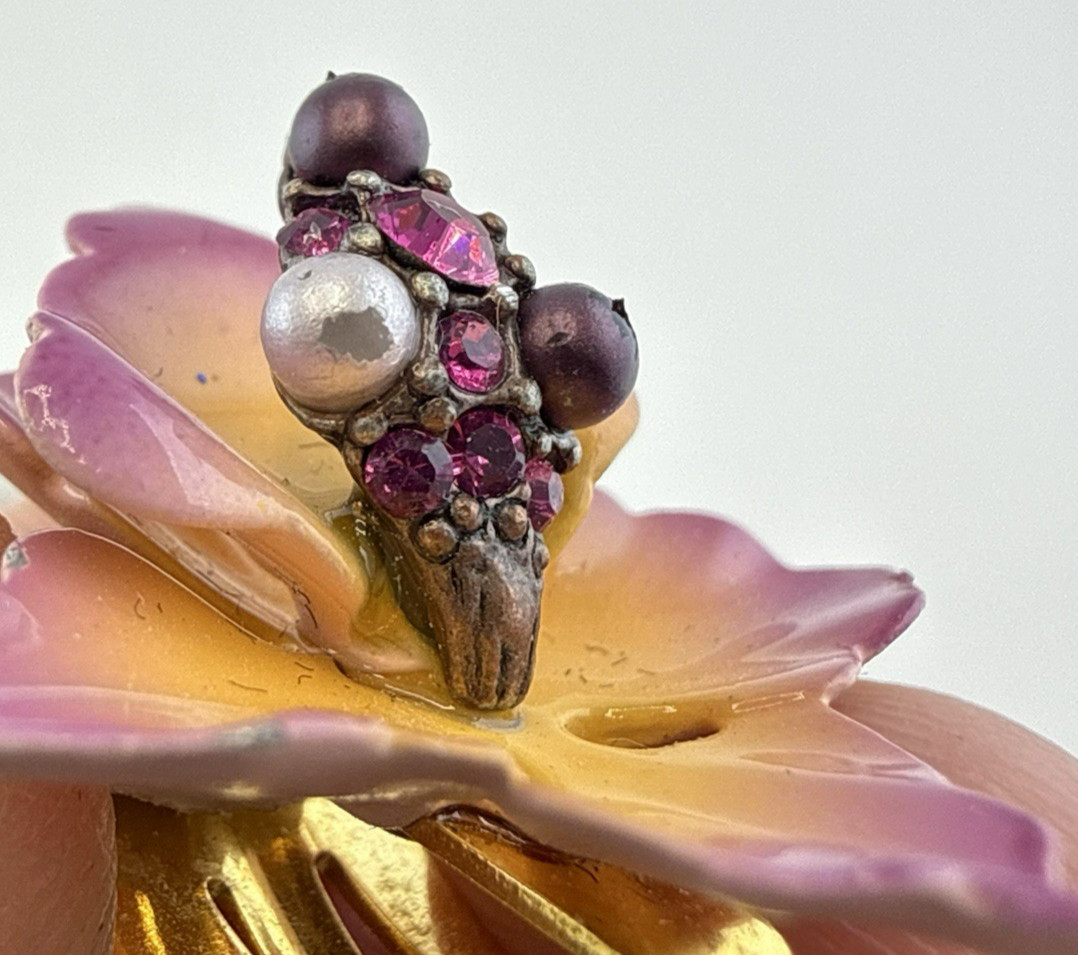 Vintage Joan Rivers Earrings Orchid Flower Floral Enamel Clip On Pink Purple