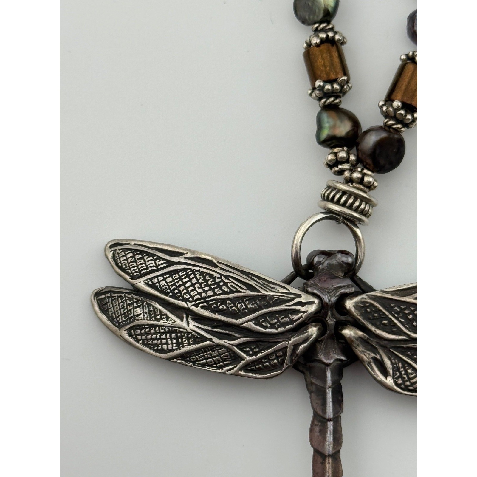 Vintage 1999 Robert Bob Burkett Signed Dragonfly Pendant Beaded Pearl Necklace