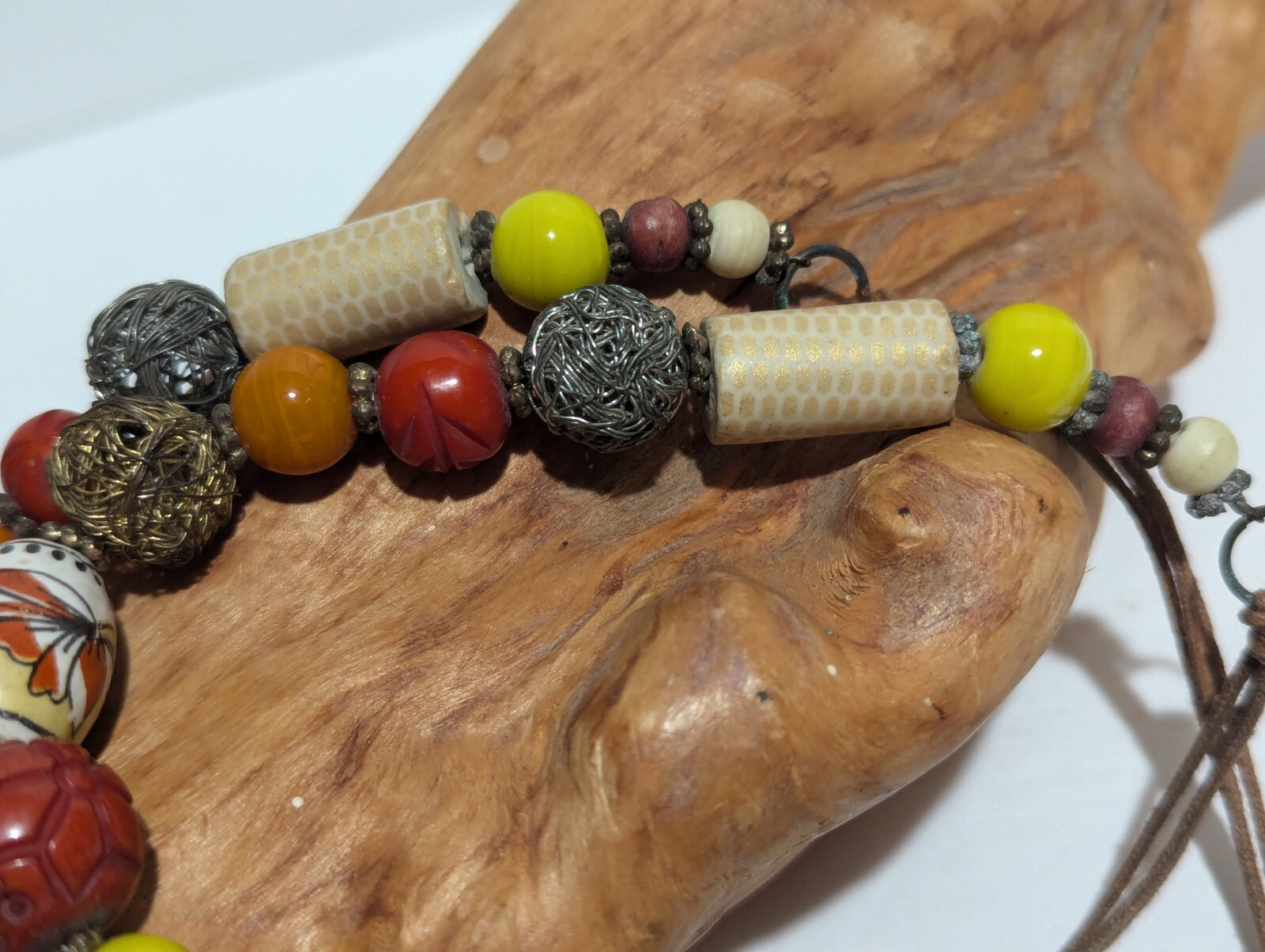 Asian Inspired 34” Long Beaded Necklace Ceramic Beads Rhinestones Wood and Glass