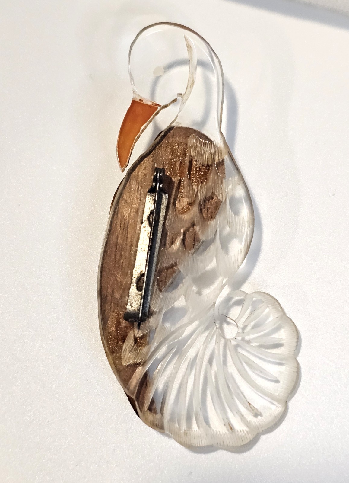 Vintage lucite and wood brooch bird stork