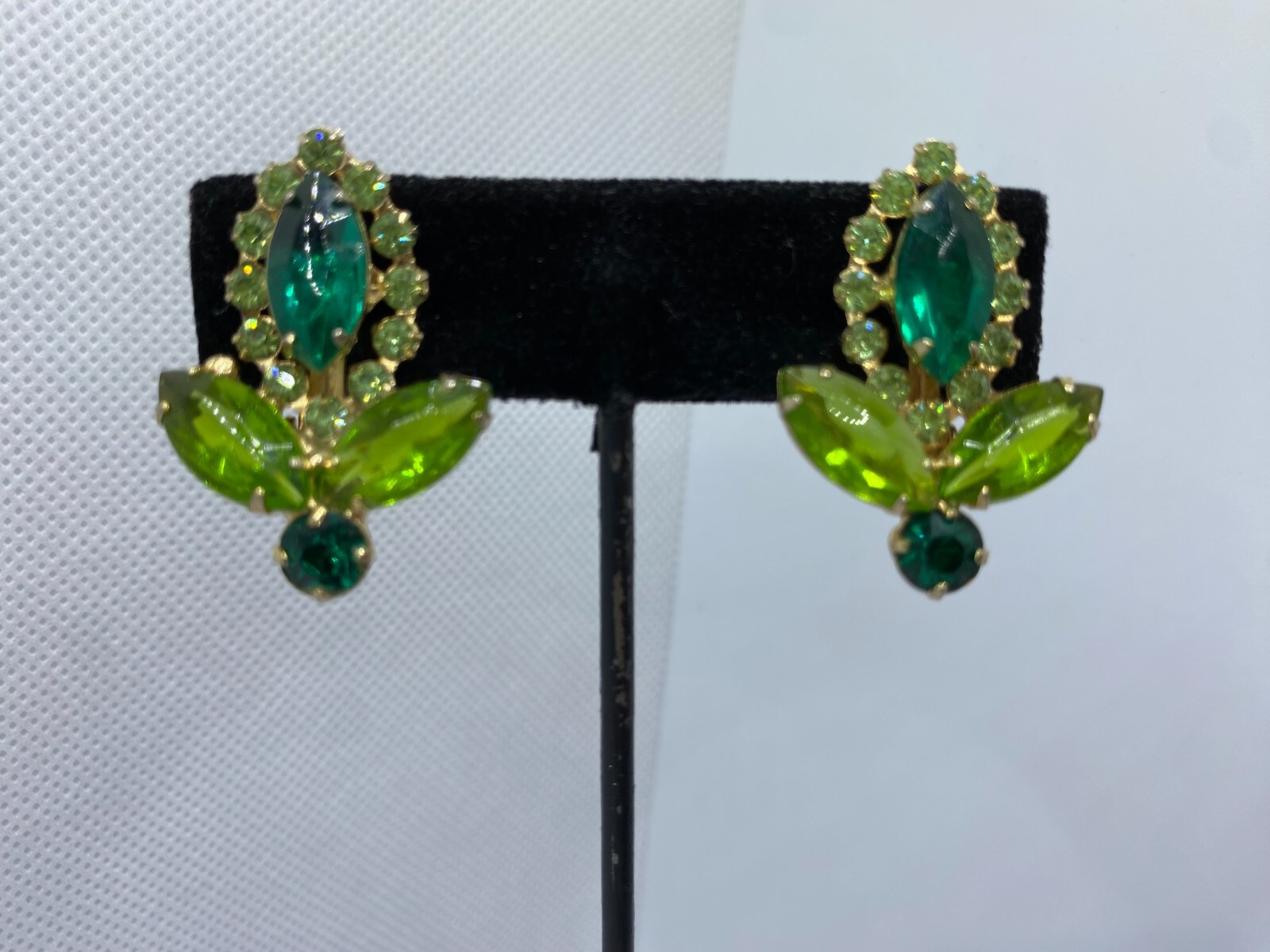 Vintage Green Rhinestone Clip-On Earrings Unsigned Different Shades & Shapes