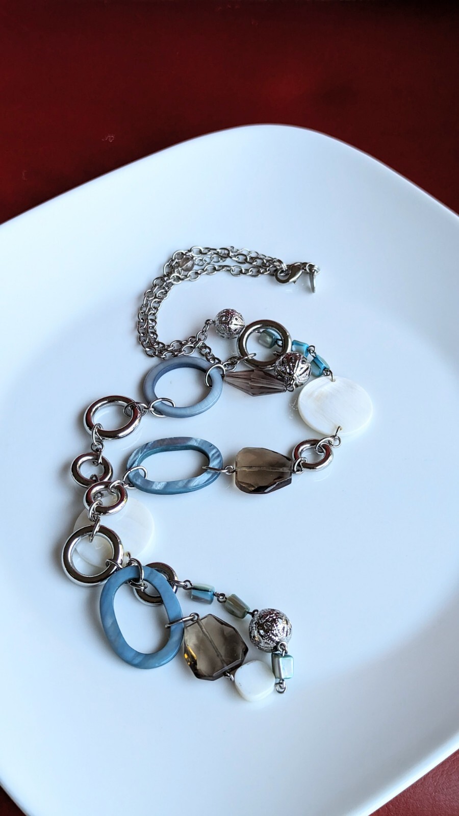 LIA SOPHIA Silver Tone Necklace 36″ + Blue Shell Circle Brown Smokey Glass Beads