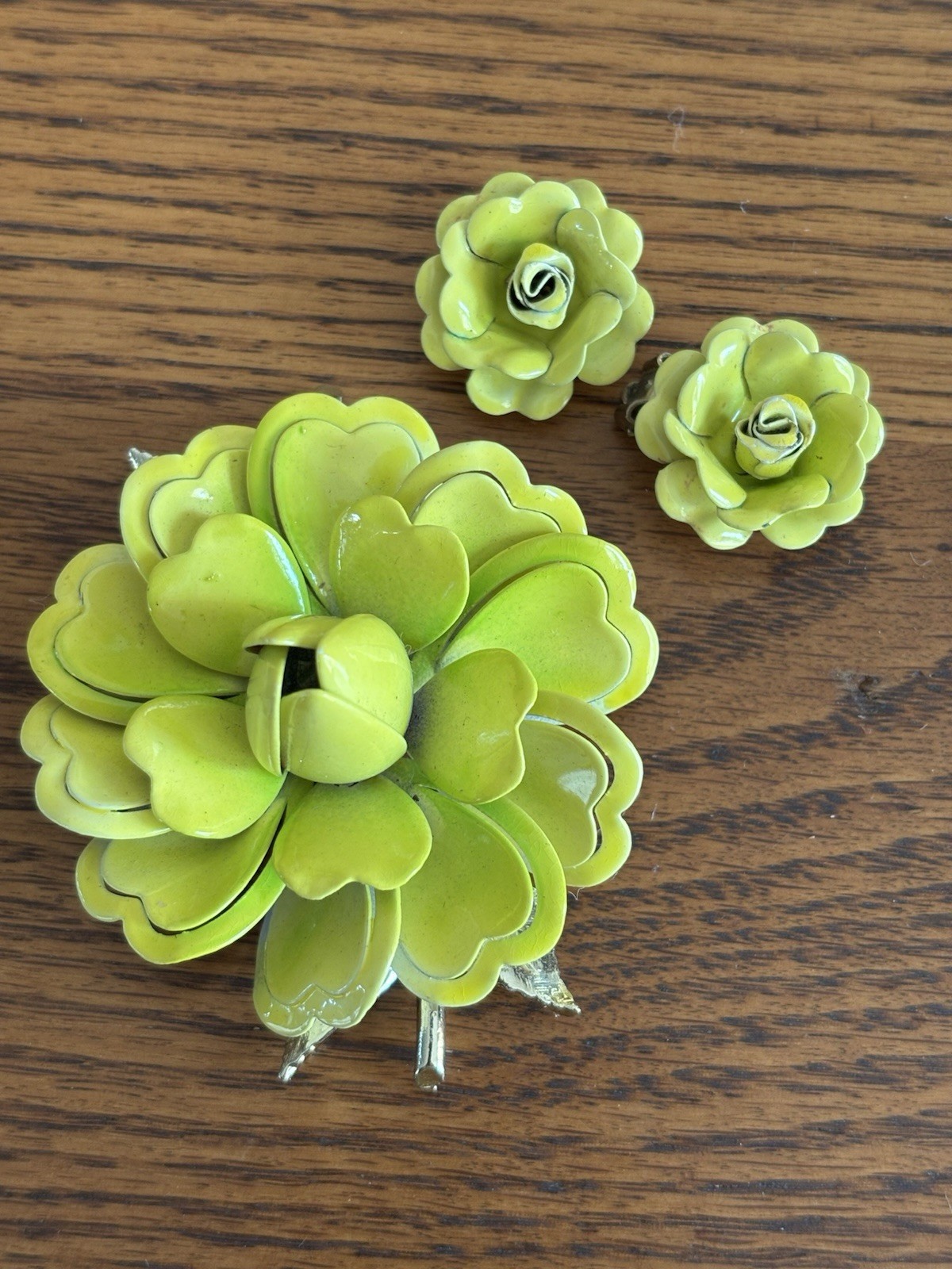Vintage Coro Signed Lime Green Enamel Metal Brooch Earrings