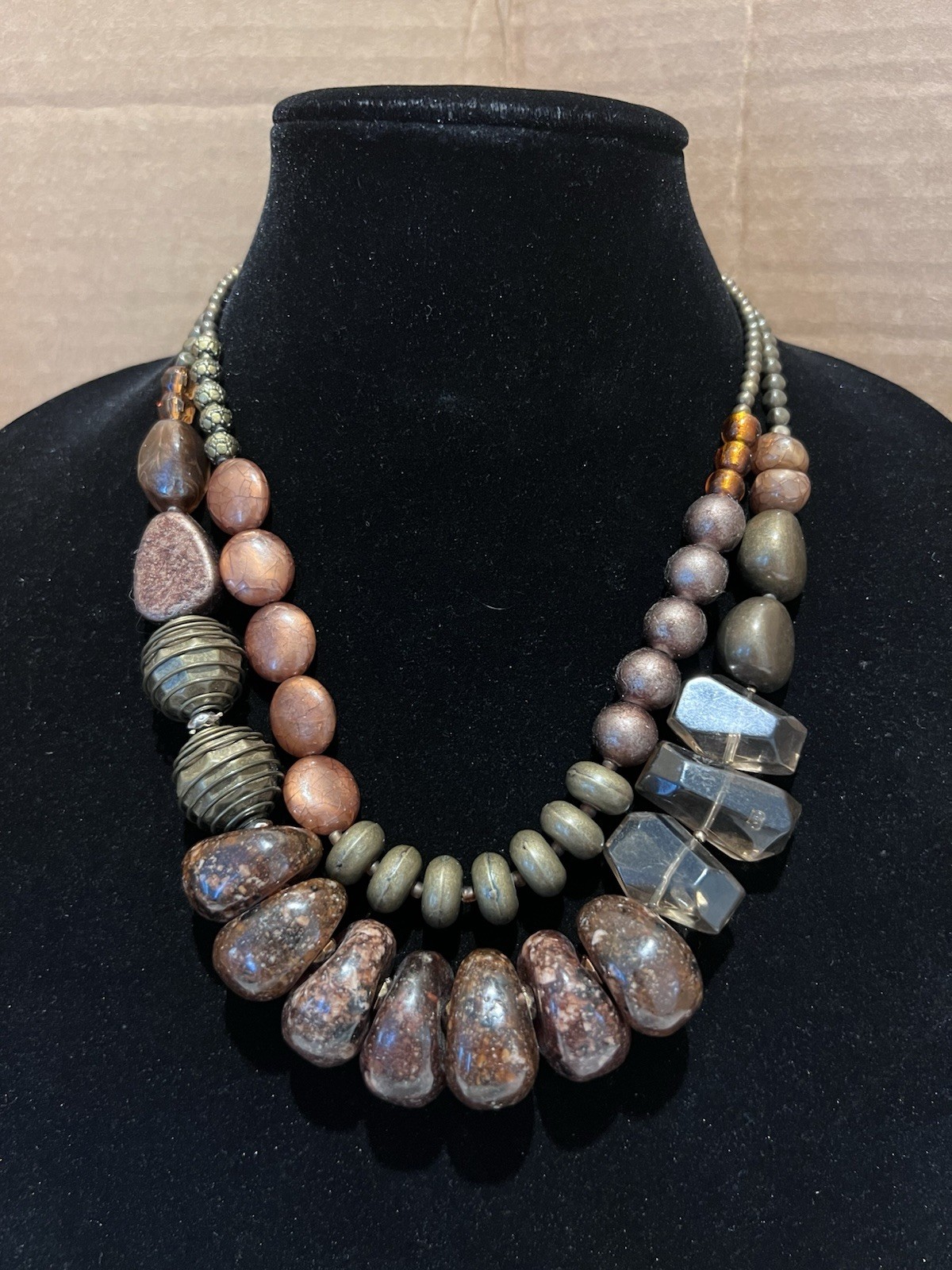 Vintage Boho Chunky Beaded Statement Necklace Earth Tones Acrylic Mixed Media