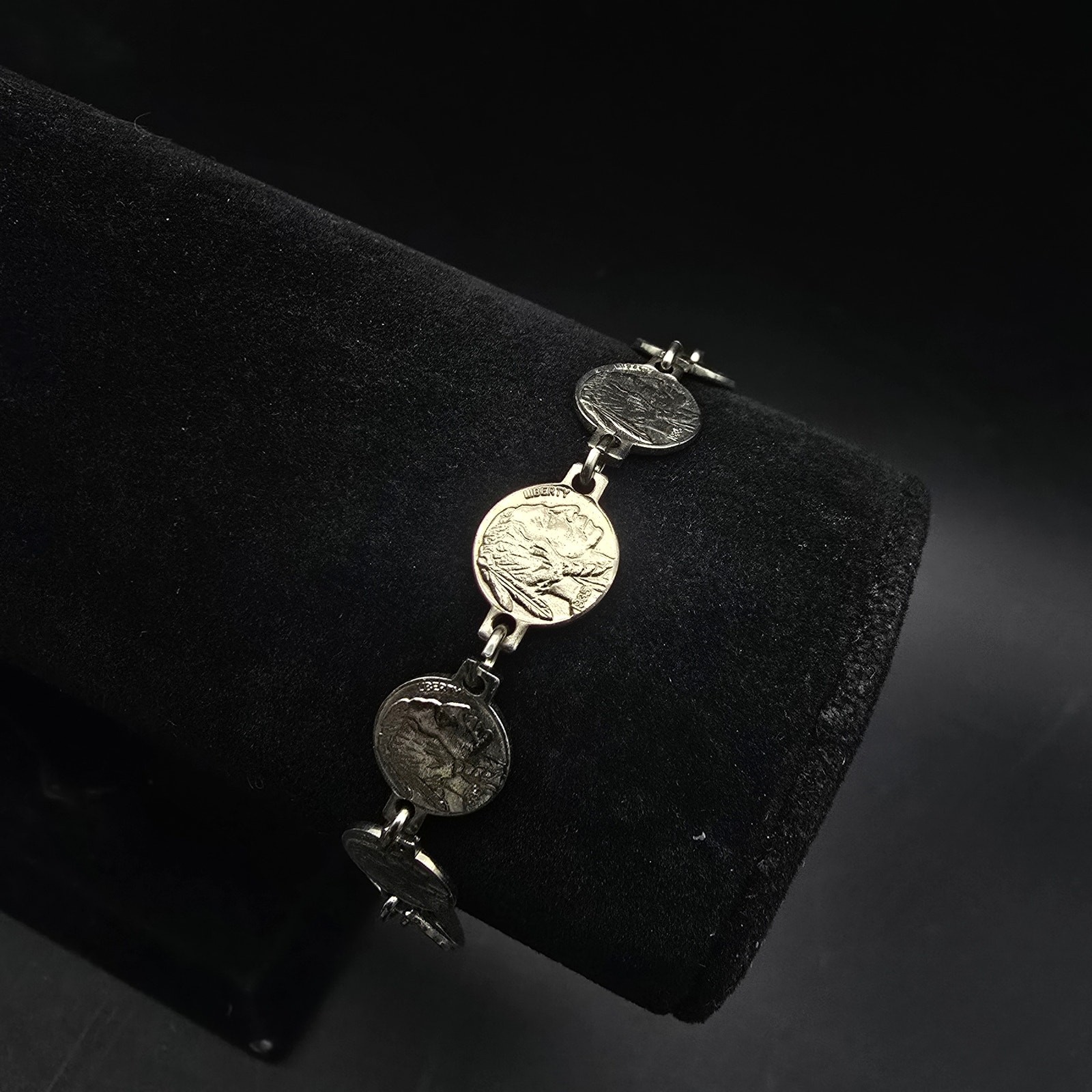 Vintage Faux Buffalo Nickel Coin Bracelet Silver Tone Currency Jewelry