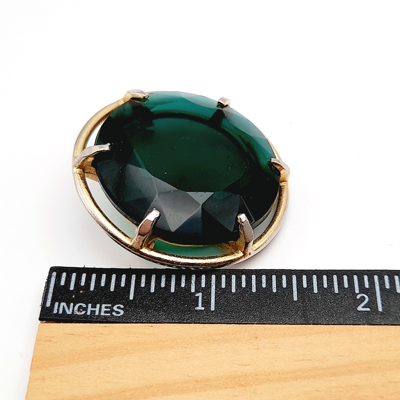 Vintage Green Glass Round Faceted Circular Framed 1 1/2 Inch Brooch