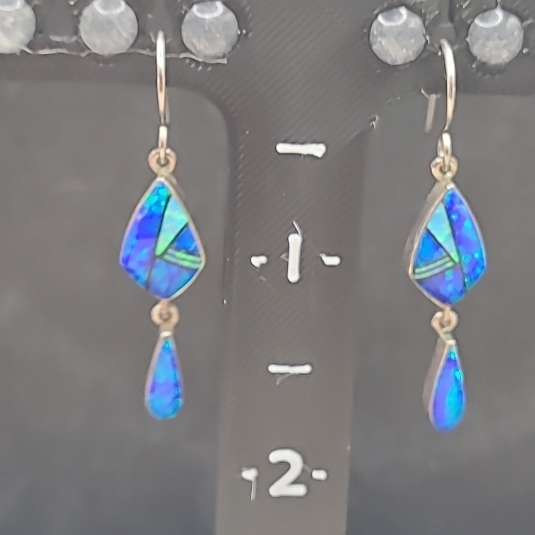 Vintage Mexico Sterling Silver Blue Opal Inlay Pendant Earring Set Blue