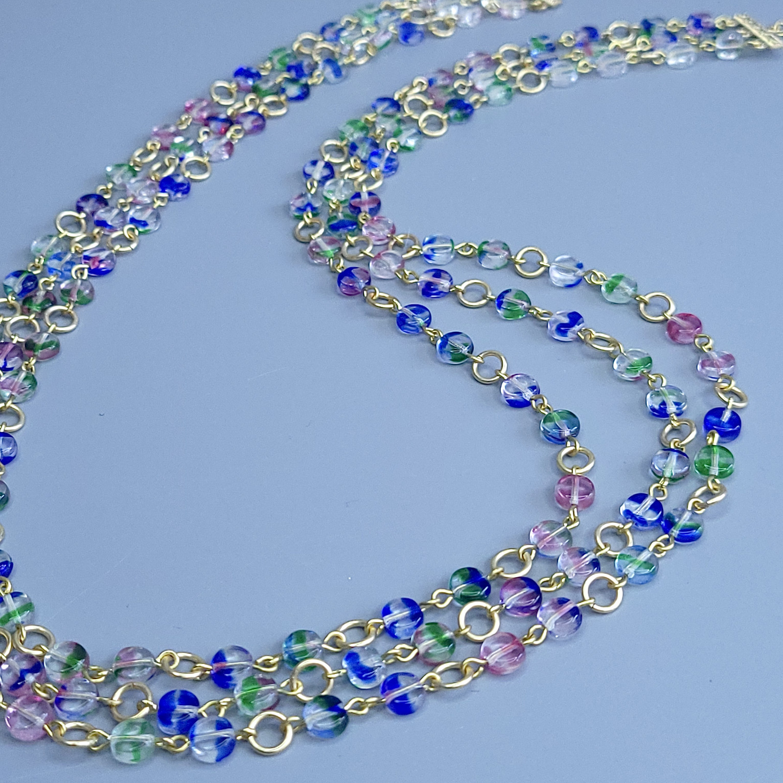 Iris Glass Necklace 22” Multicolor Czech Vintage Beads Women`s Jewelry