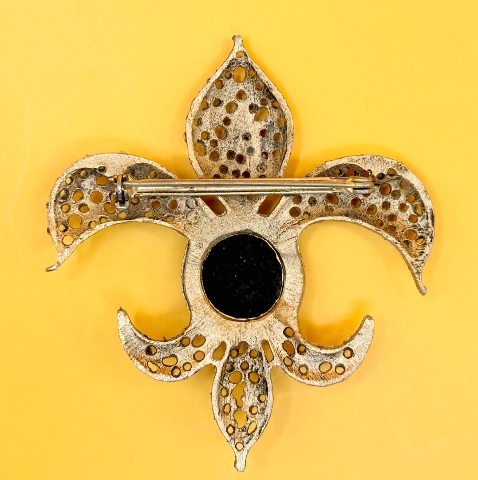 Gold Tone & Black Faceted Acrylic Stone Fleur De Lis Brooch Vintage