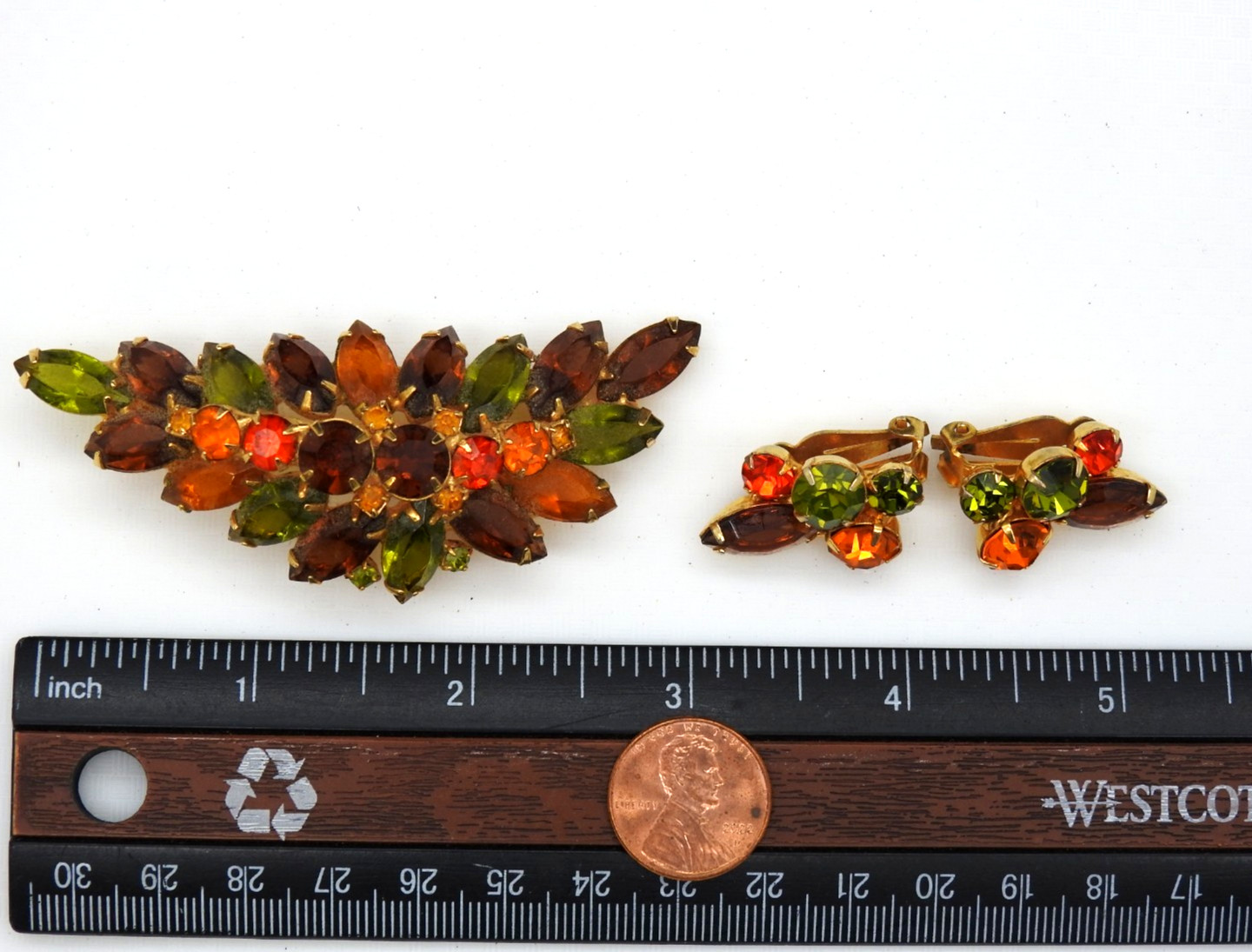 Juliana Rhinestone Brooch Clip Earrings Set Fall Colors Demi Parure Vintage