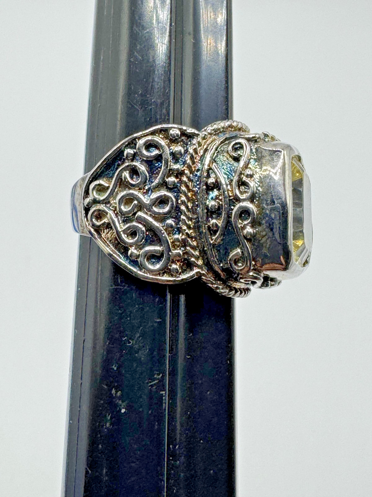 STERLING SILVER 925 CUSHION CUT YELLOW STONE FILIGREE RING WOMENS SIZE 8.25