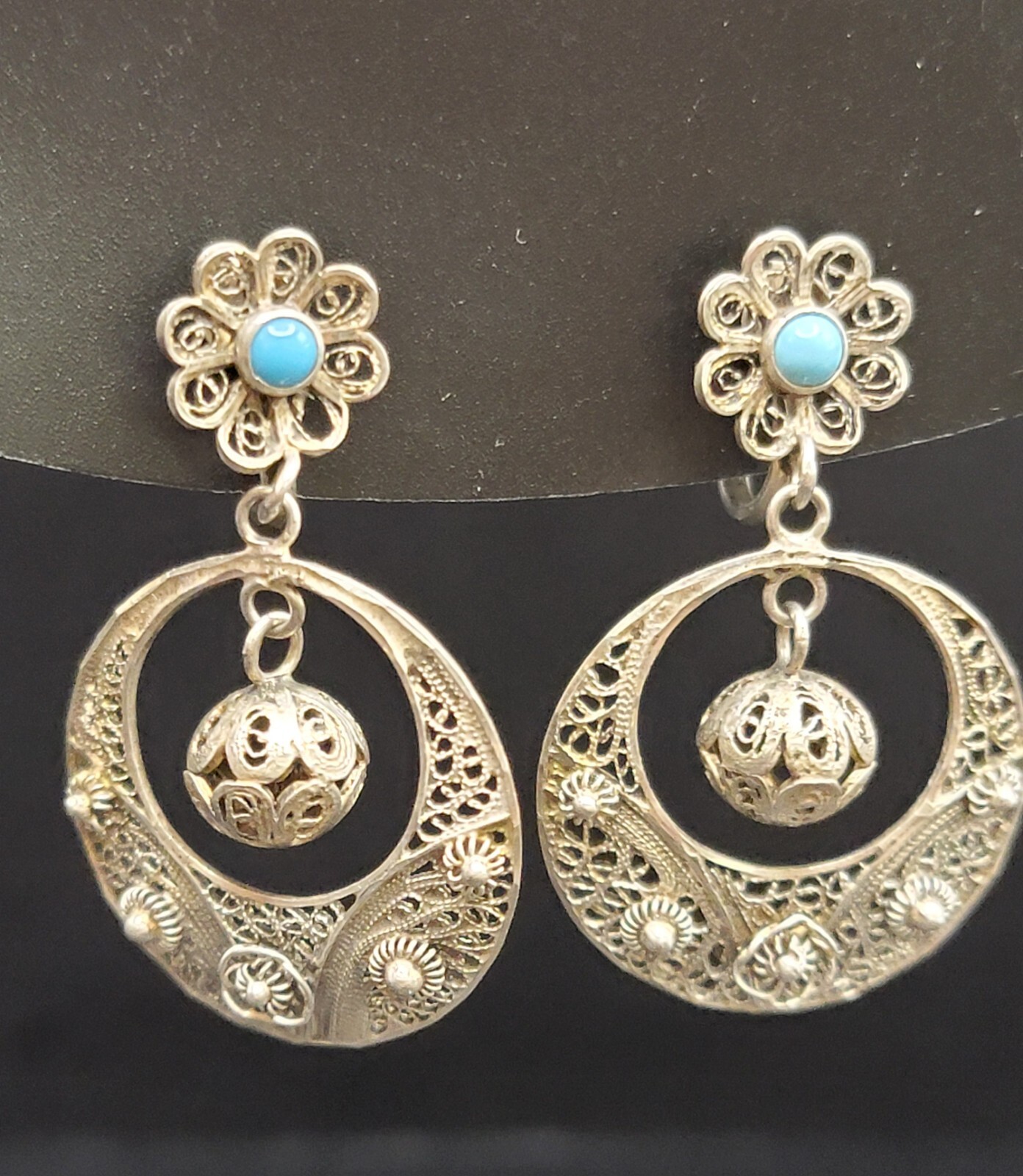 833 Silver Filigree Drop Earrings Turquoise Accent Dangle Vintage Ethnic