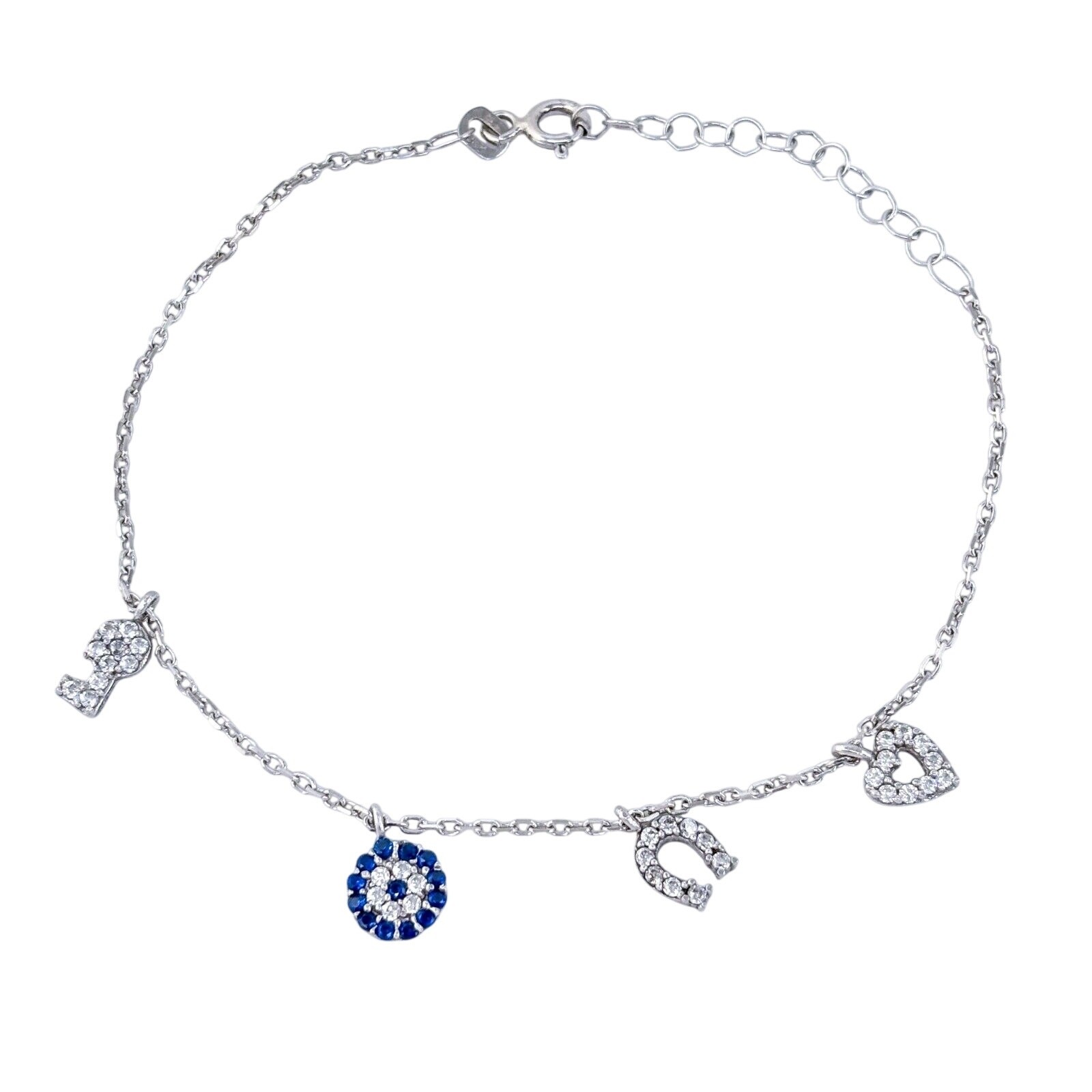 Vintage Sterling Silver 925 Iolite and Cubic Zirconia Charm Bracelet 6.5″-7.5″
