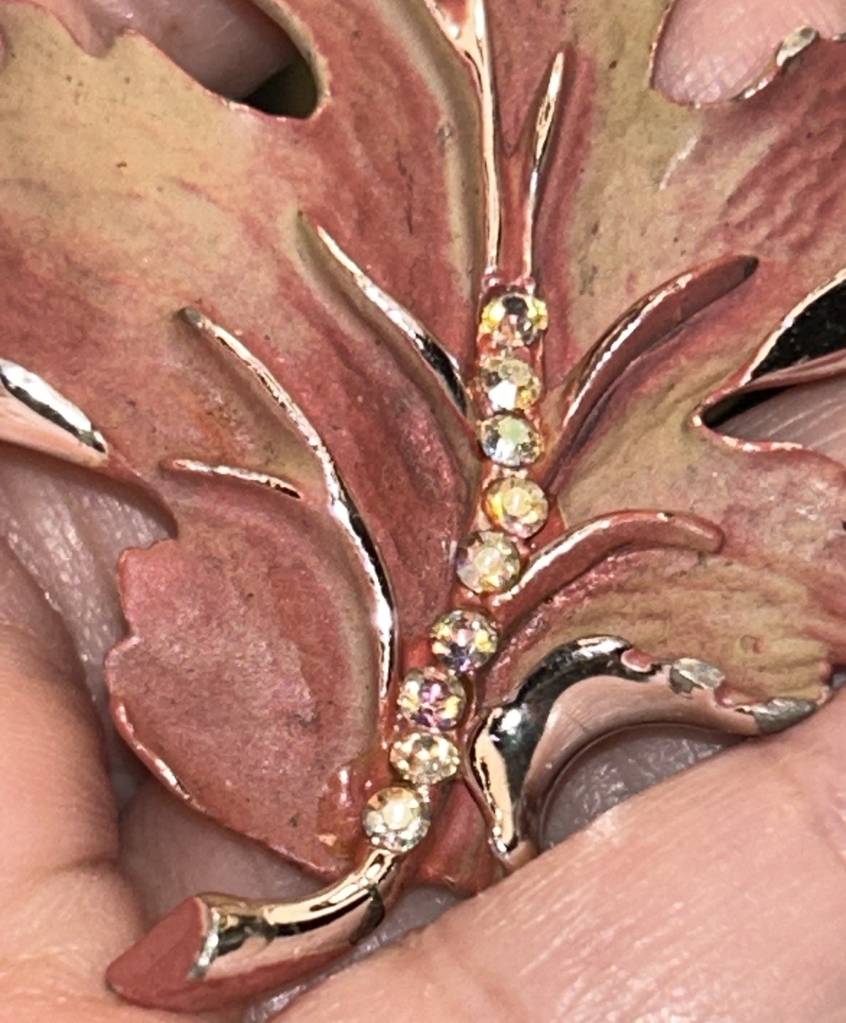 Vintage BSK Autumn Leaf Brooch Brown Rose Enamel AB Rhinestones Silver Tone 1950