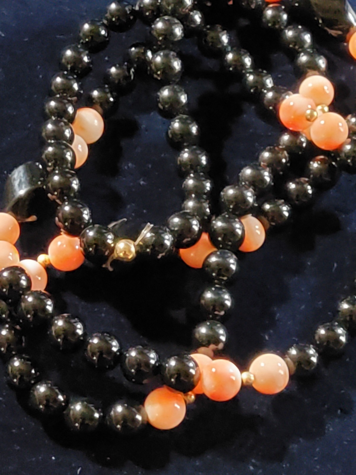 Vtg Black Onyx And Pink Angel Skin Coral Art Deco Necklace / 14kt Gold Fill…