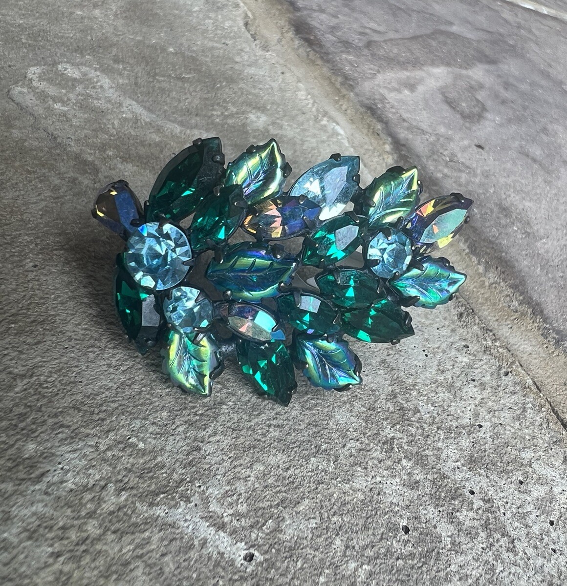 Vintage Signed Regency Green Teal Blue Molded Glass Leaf AB Rhinestone Brooch