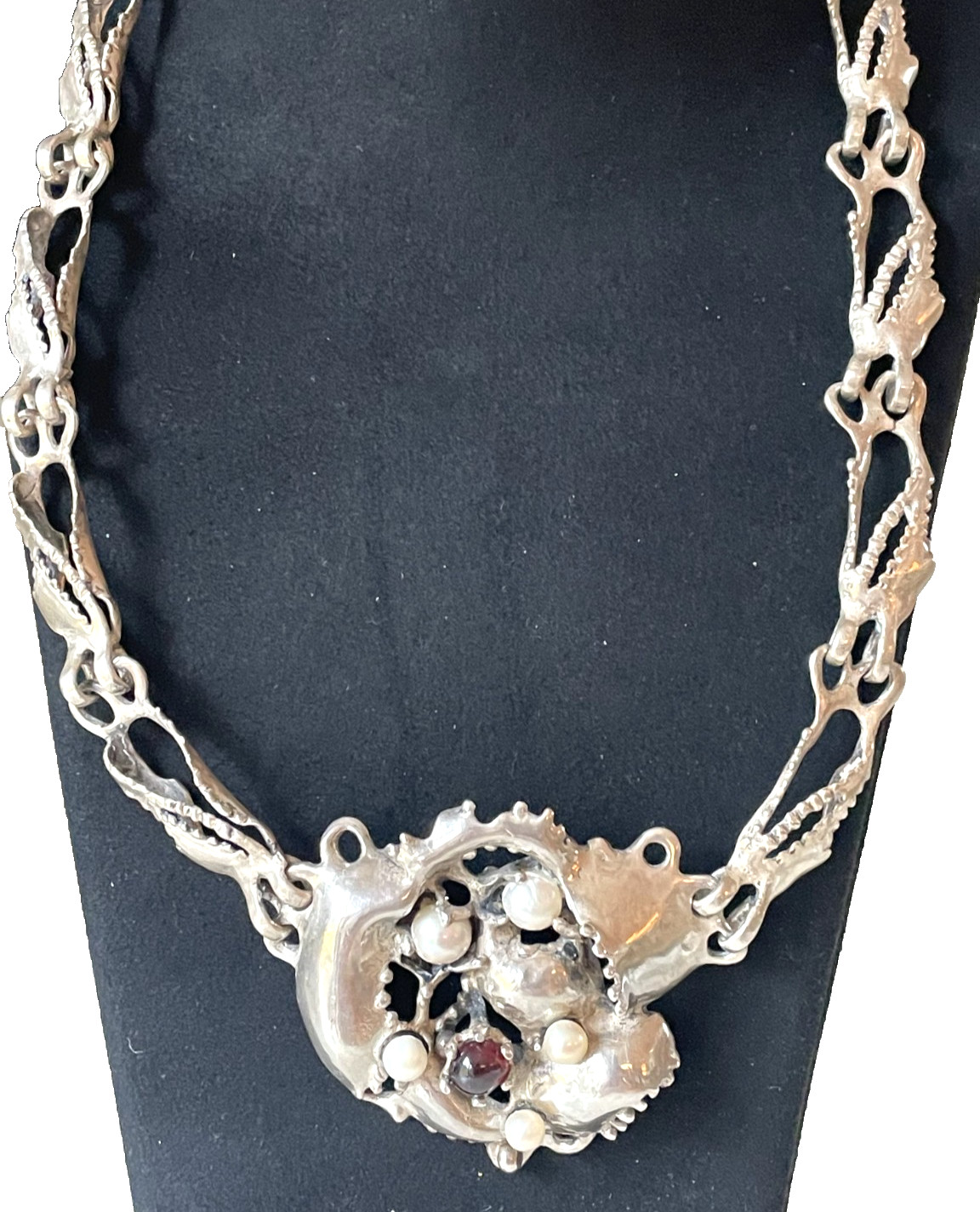 Vintage Brutalist Sterling Silver Necklace Pearl Garnet Organic Modernist 49g