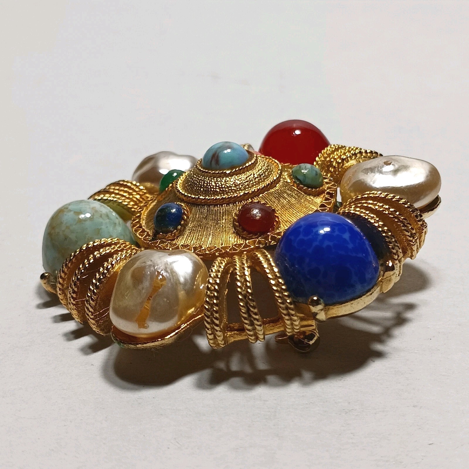 Brooch Ruby Sapphire Turquoise Cobochons Baroque Faux Pearls GT Vintage Signed