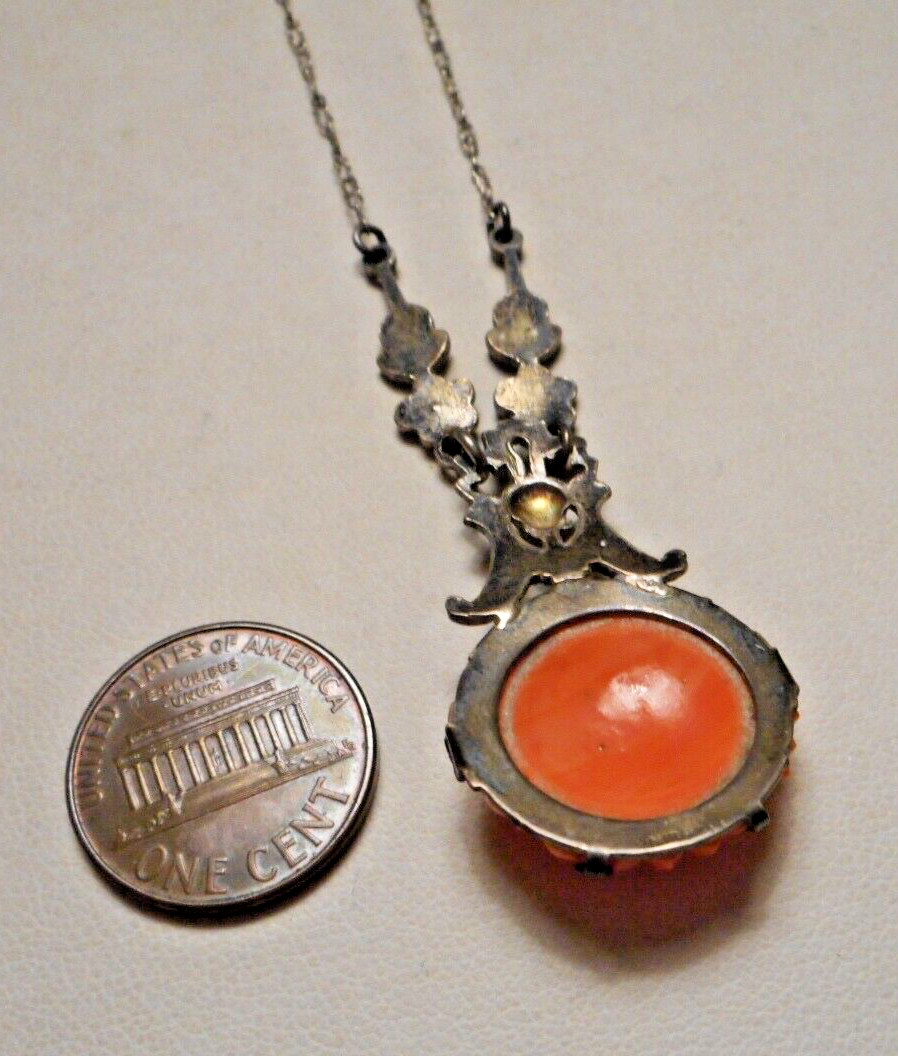 1920s Art Deco Czech? Faux Carved Coral Glass & Marcasite Pendant Necklace 16″