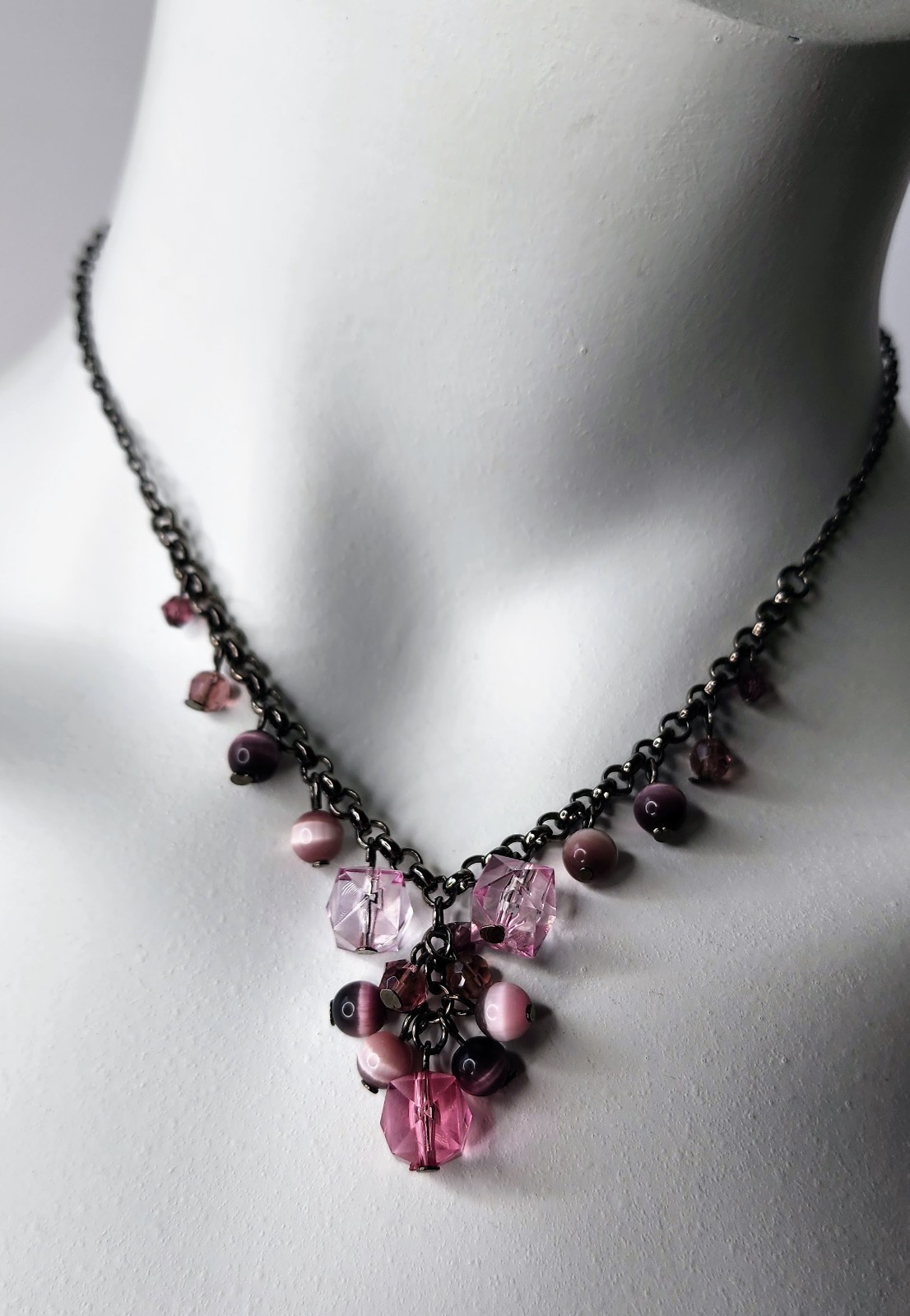 Vintage Style Pink Crystal & Cat Eye Bead Gunmetal Necklace