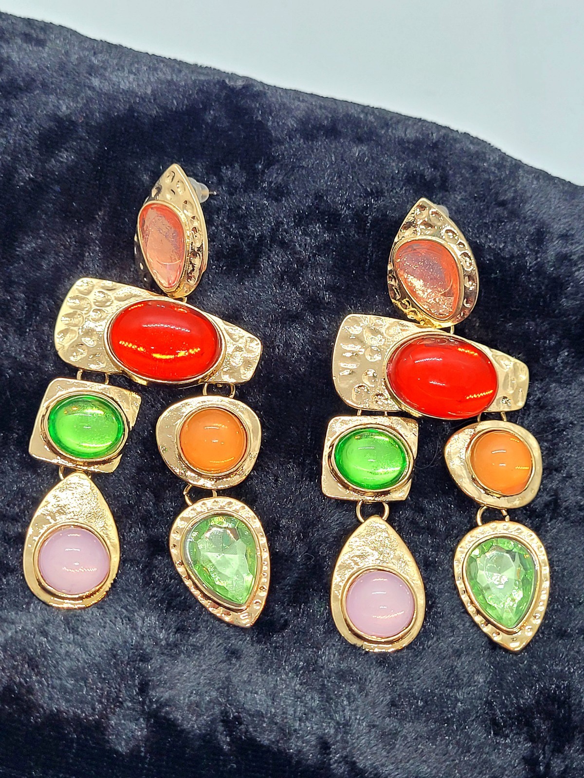 Retro GoldTone Multicolor Gemstone Dangle Drop Oversized Statement Post Earrings