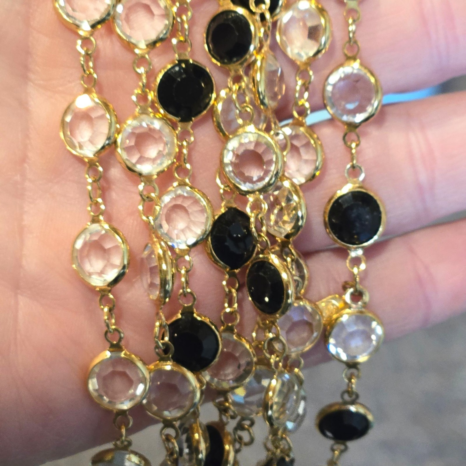 Vintage Swarovski Crystal Necklace Black & Clear Signed Gold Tone double strand