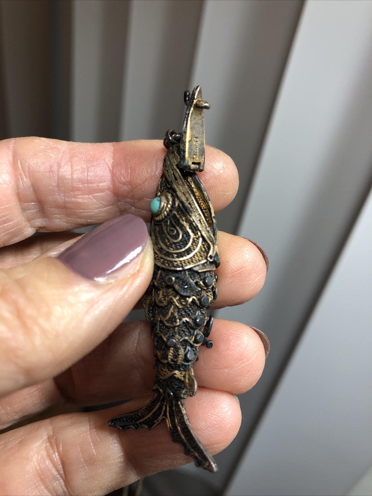 925 Sterlind Cannetille Turquoise Eyed Articulated Fish Locket Pendant Necklace