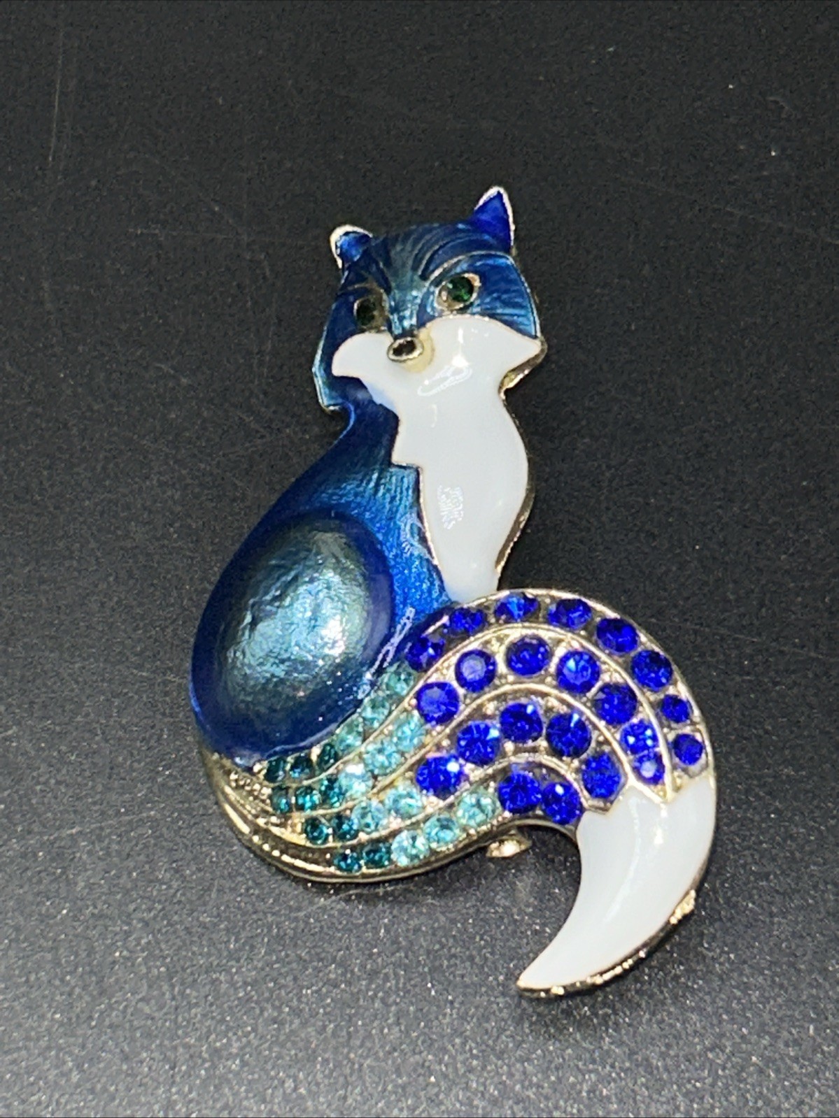 Blue Fox Brooch Pin Goldtone Metal Enamel Crystals Convertible Pendant Modern