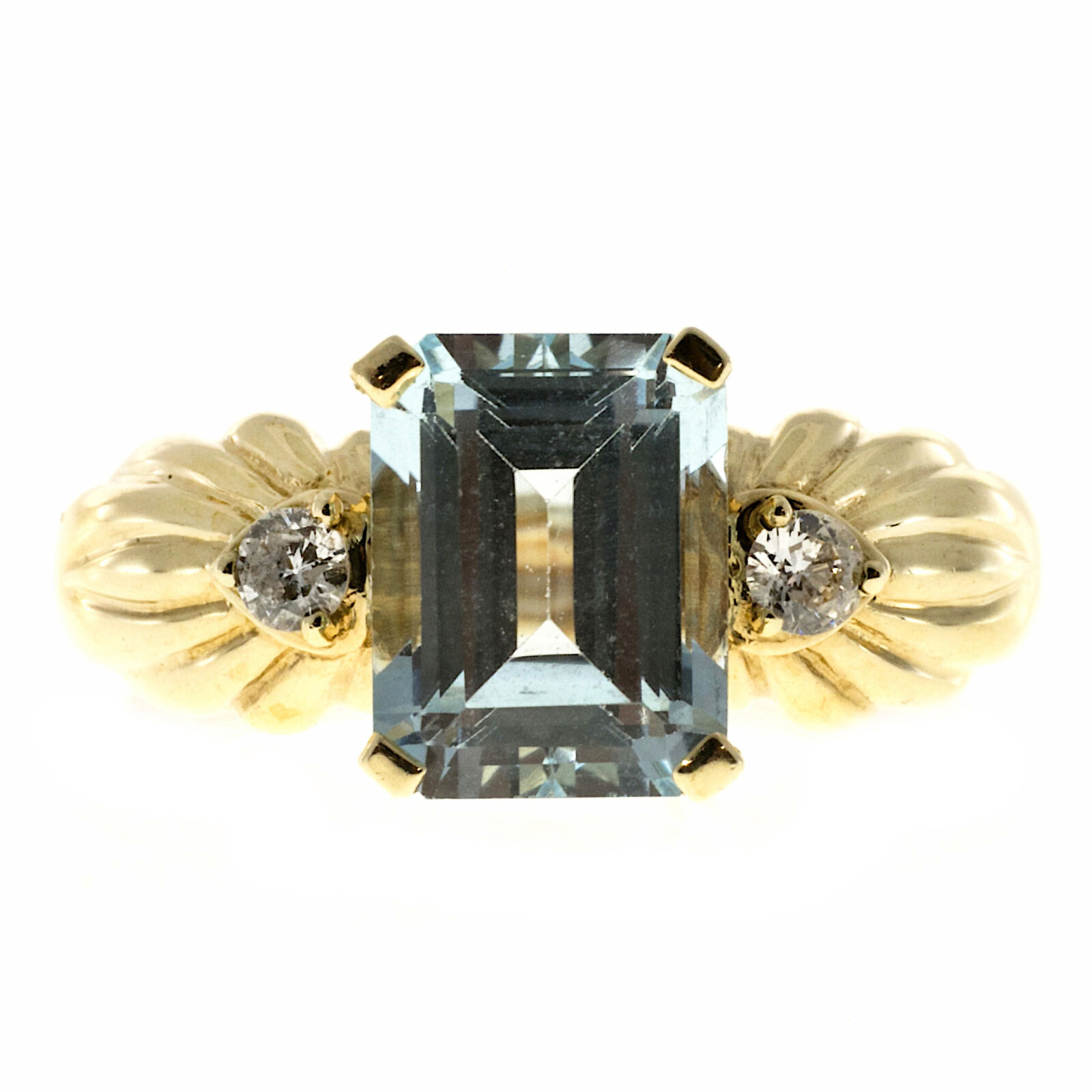 Vintage 3.50ct Light Blue Emerald Cut Topaz & Round Diamond 14k Yellow Gold Ring