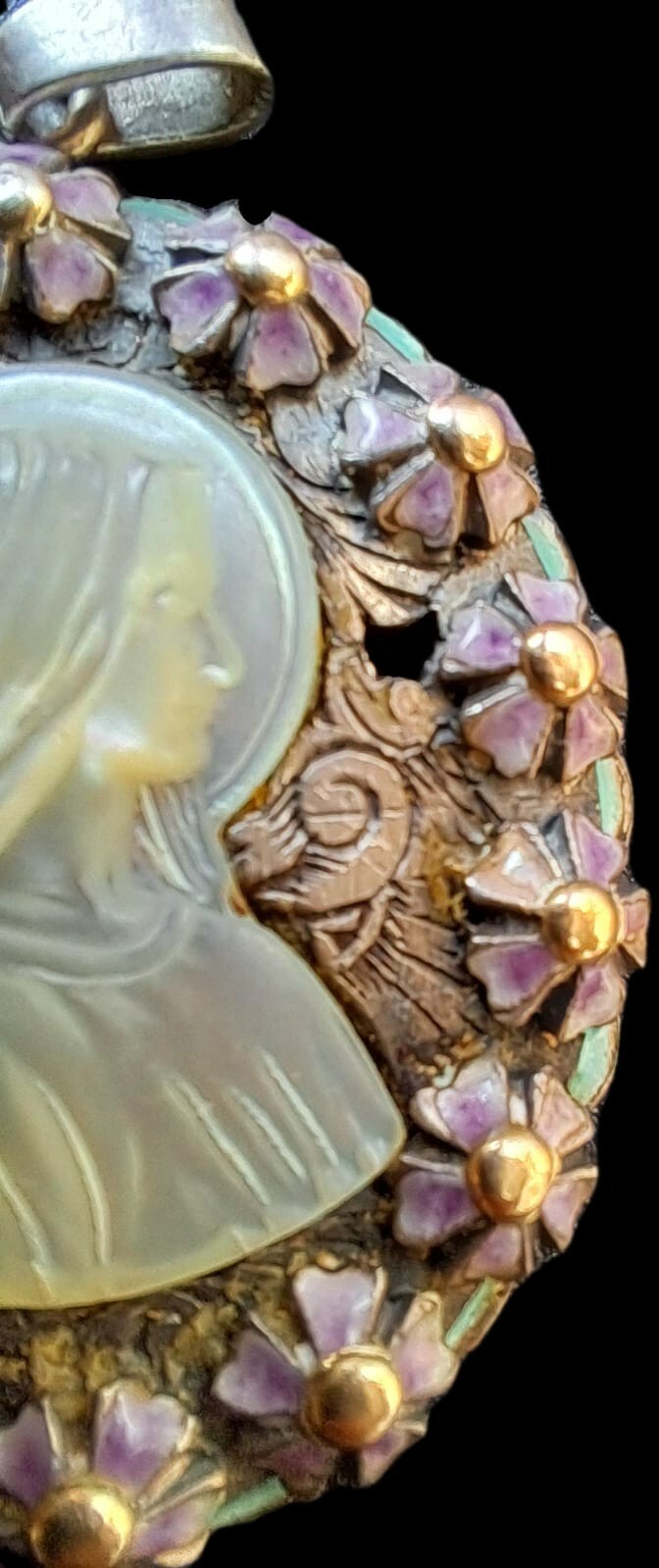 Fine Antique European Art Deco Gold Silver Enamel MOP Virgin Mary Pendant C1900
