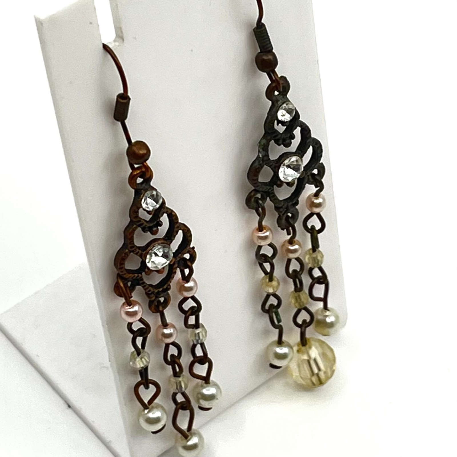 Vintage Antique Bronze Tone Chandelier Earrings Faux Pearl Rhinestone Dangle Y2K