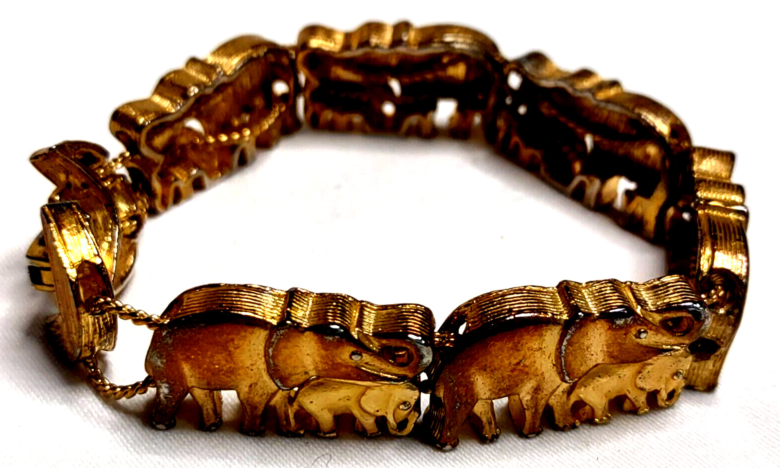 Charm Slide Bracelet Gold Tone Metal VTG Elephant Mom & Baby Double Chain