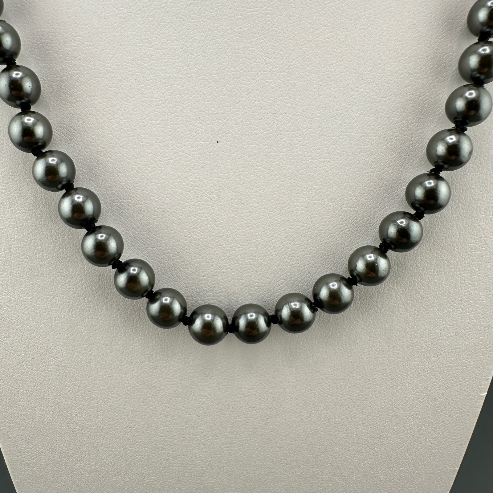 Vintage Glass Pearl Necklace Hand Knotted Charcoal Gray Gold Tone Filigree Clasp