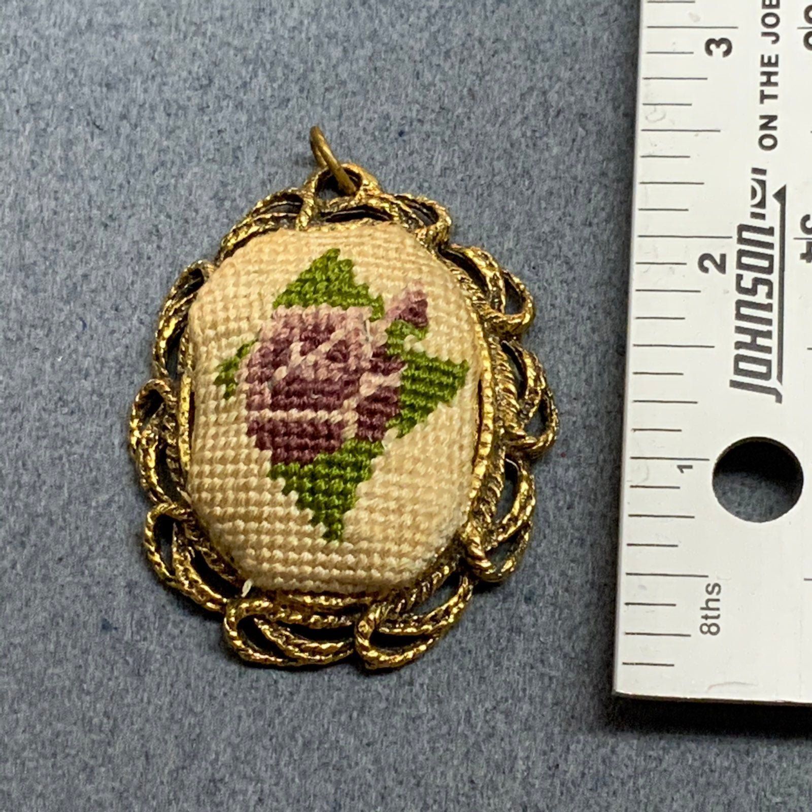 Vintage Needlepoint Mirror Pendant As Is Retro Gold Cream Purple Green Flower