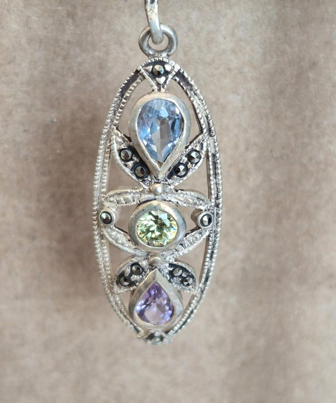 Vintage CW Marked Sterling Silver Multicolor Gemstone Marcasite Dangle Earrings