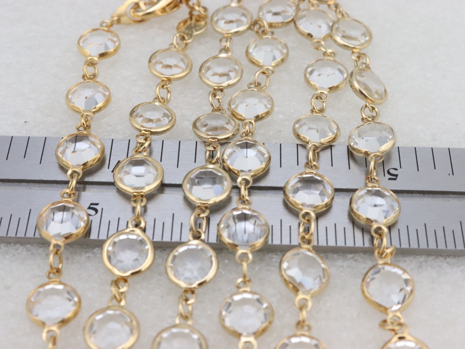34″ Long 9mm Clear Crystal Bezel Rhinestone Necklace Signed AUSTRIAN USA Gold Tn