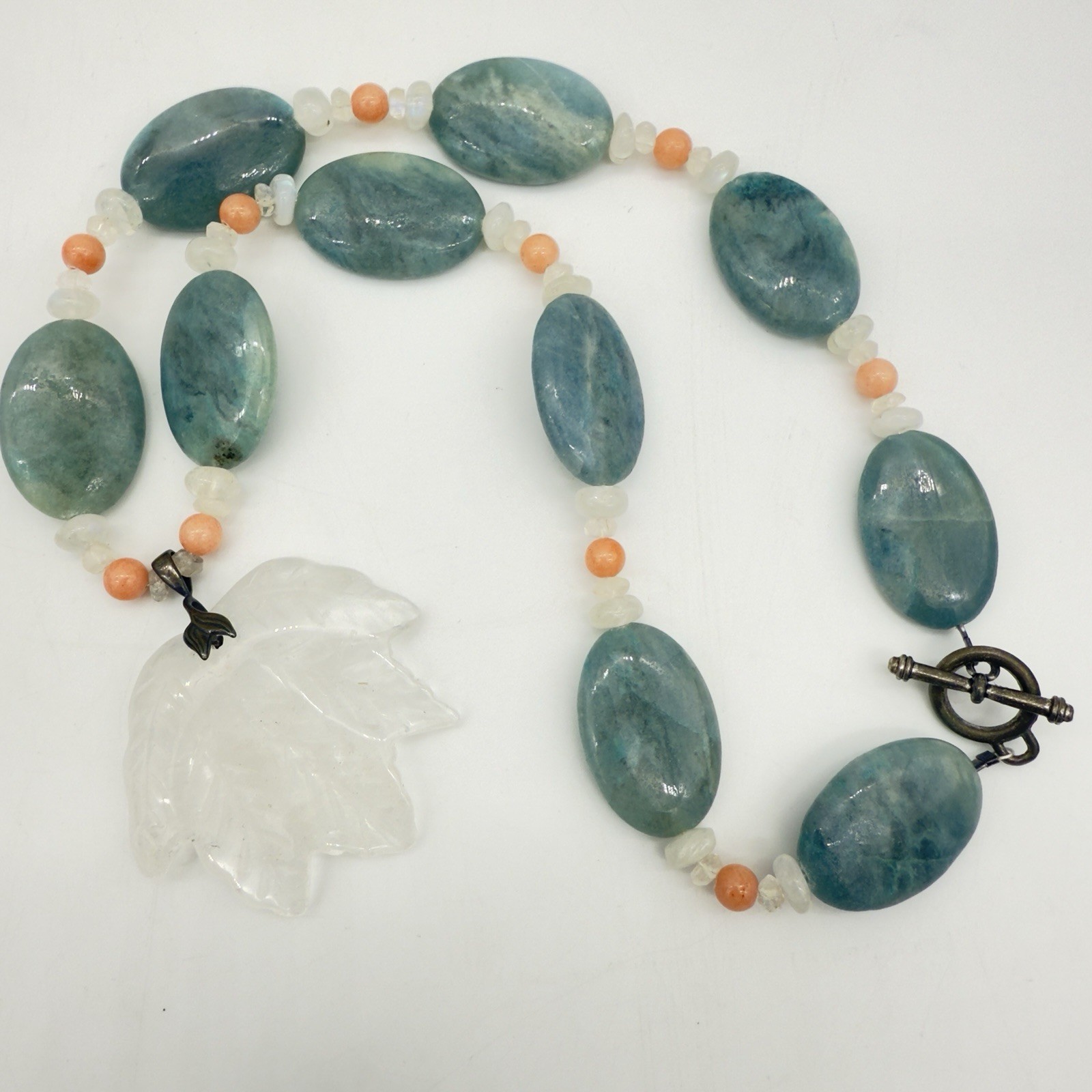 Vtg Sterling Carved Rock Crystal Necklace Angel Skin Coral Moonstone WOW