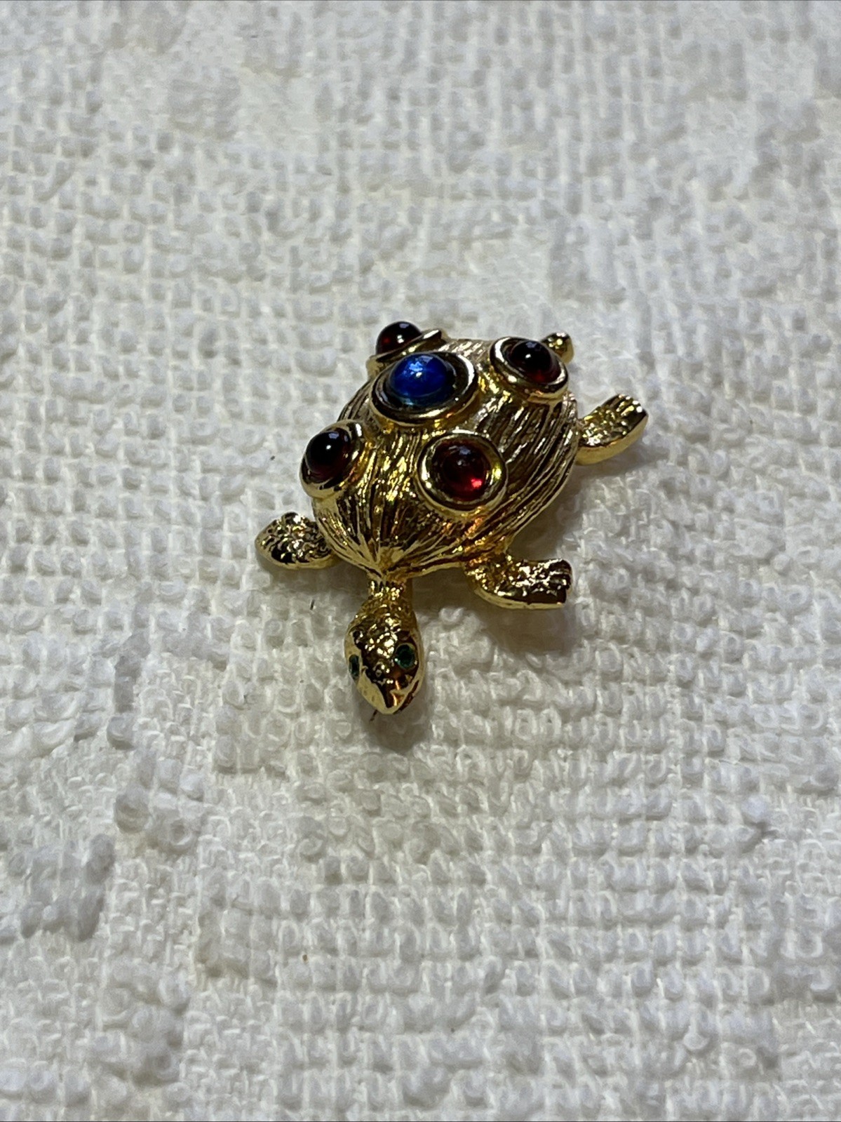 Vintage Gold Toned Turtle Brooch / Pin With Colorful Stones