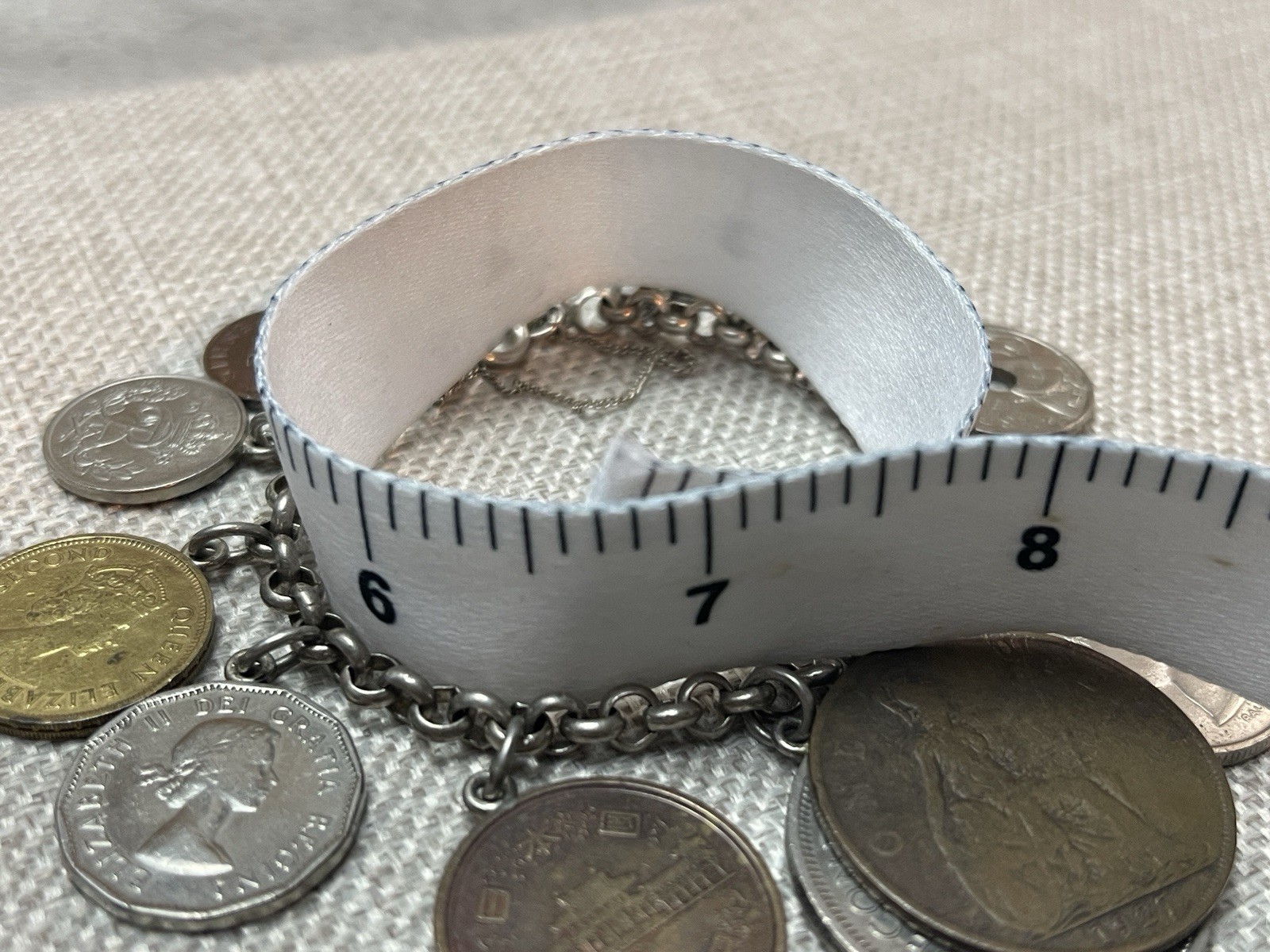 Vintage 1950s 925 Sterling Silver Foreign Coin Charm Bracelet 6.5” Inch