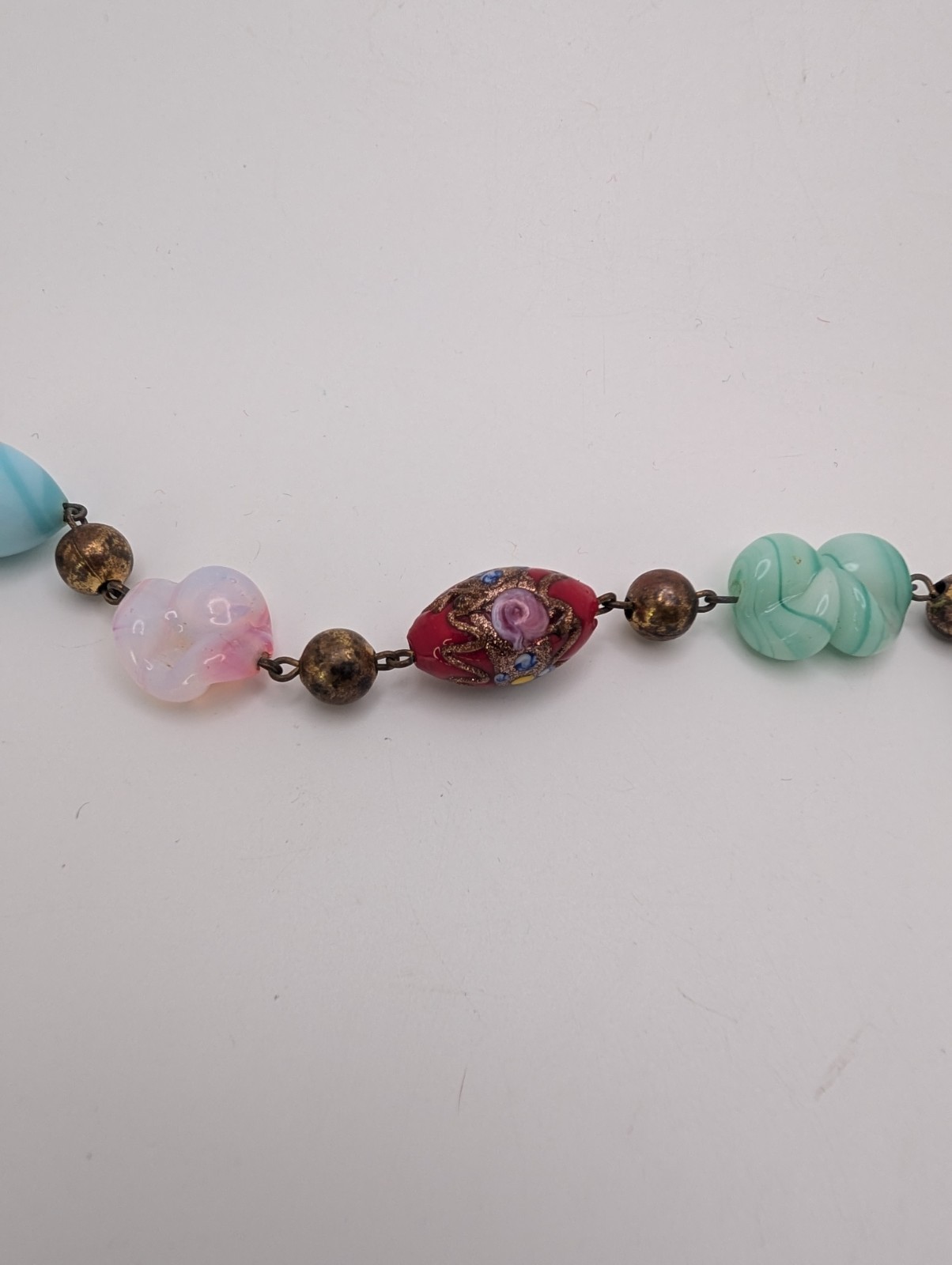 VTG Colorful Glass Metal & PlasticBead Necklace Painted Bronze Swirls Long