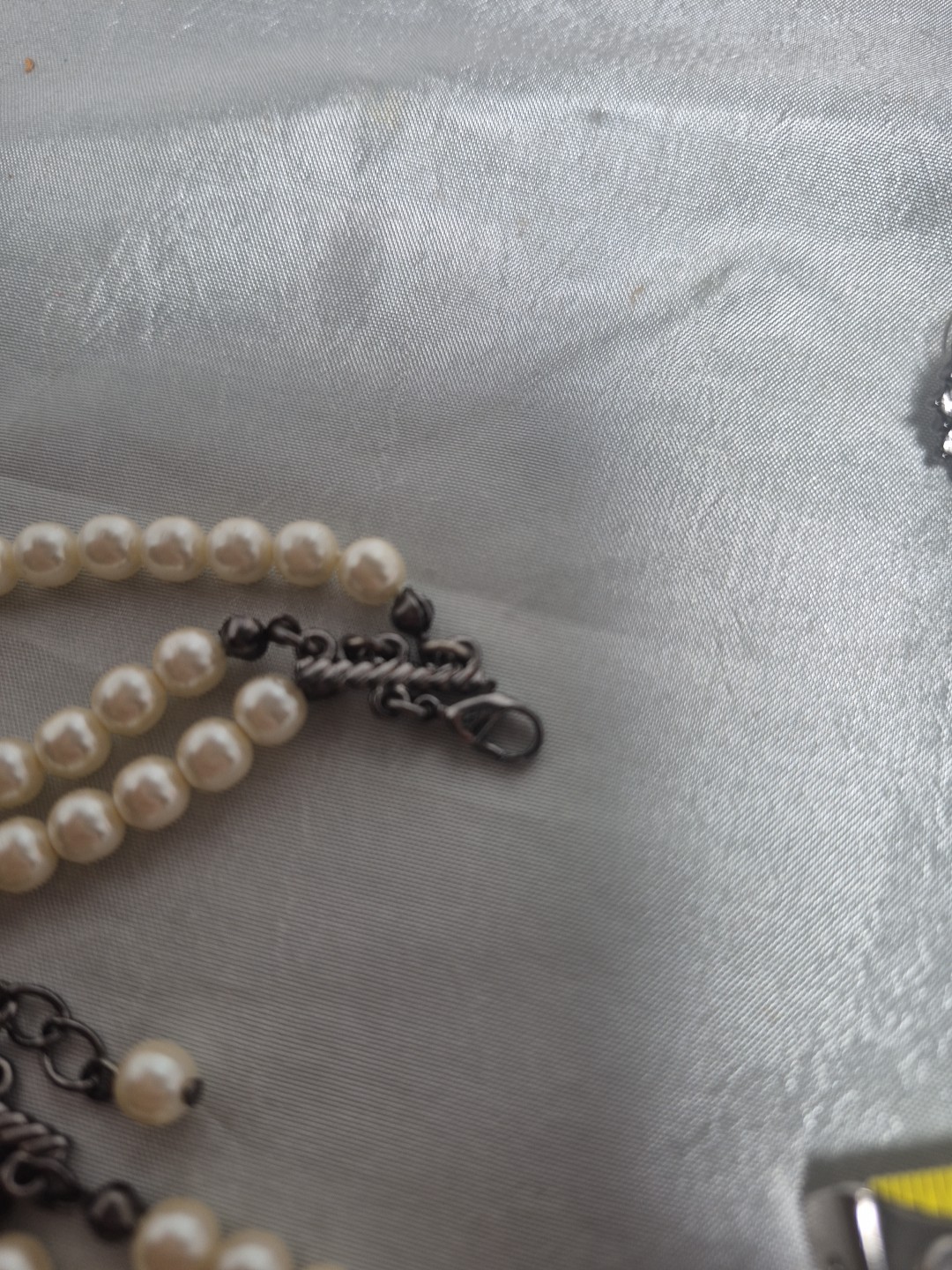 Vintage Faux Pearl 3 Strand Choker With Earrings Smokey Gray Rhinestones