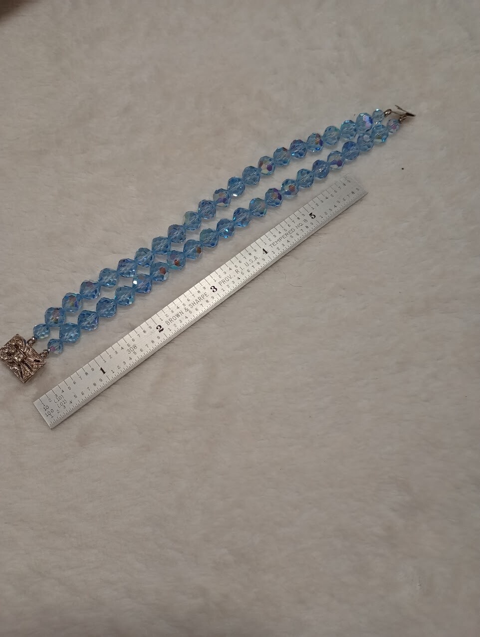 Vintage Beaded Bracelet 2 Strand Blue Glass/Crystal Beads Fancy Box Tab Clasp