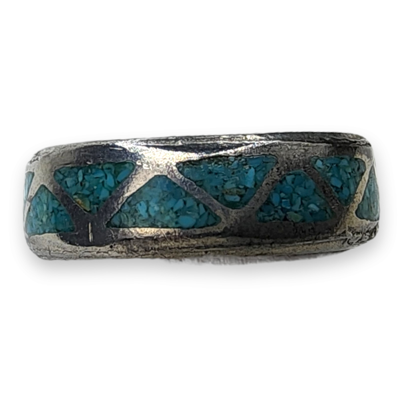 Vintage Southwestern Souvenir Nickel Silver Turquoise Chip Inlay Ring Size 10.5